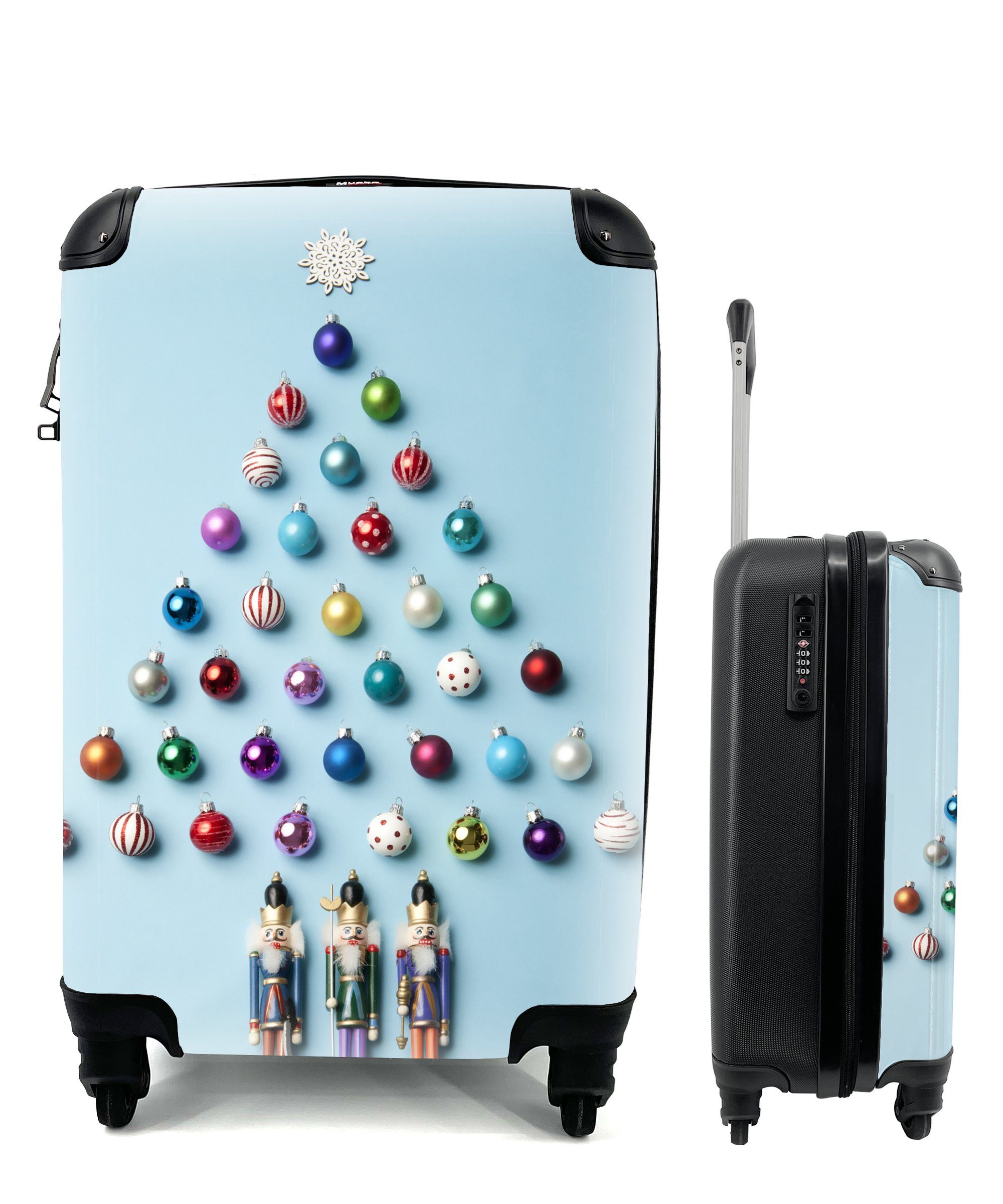 MuchoWow Handgepäckkoffer Ein Weihnachtsbaum aus Kugeln auf hellblauem Hintergrund, 4 Rollen, Reisetasche mit rollen, Handgepäck für Ferien, Trolley, Reisekoffer