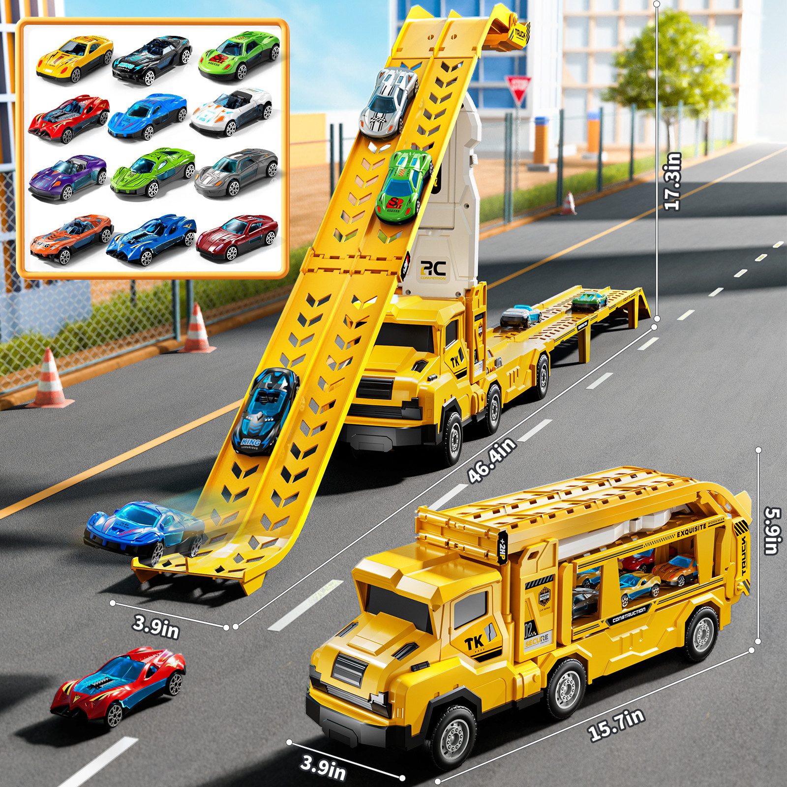 TEMI Spielzeug-Auto Transform Rennbahn LKW Spielzeug Set mit 12 Druckguss Autos
