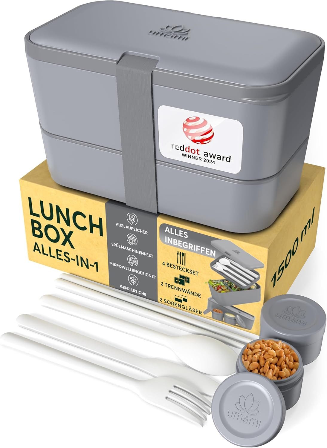 UMAMI Lunchbox Bento für Erwachsene mit Besteck und 2 Saucenbehältern, (Inkl. Zubehör Brotdose mit Fächern für Meal Prep), als Brotdosen für Salat, Snack Bento Box, Auslaufsichere Brotdose