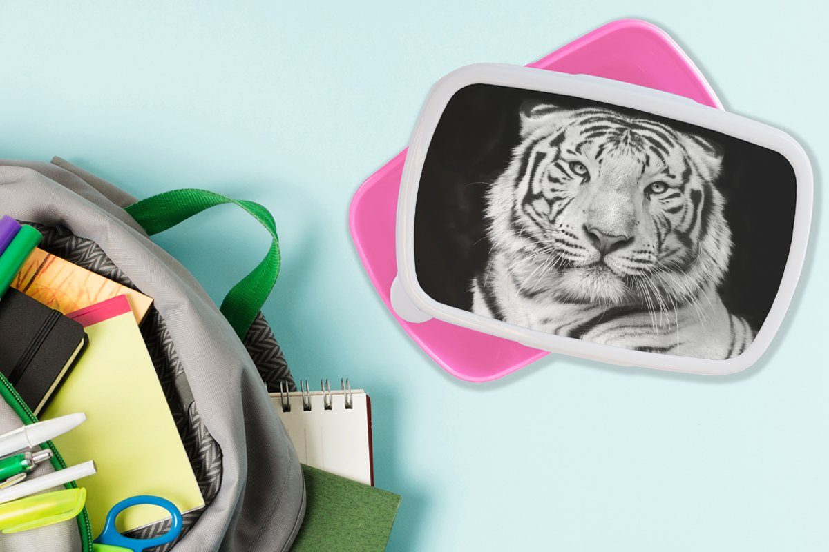 MuchoWow Lunchbox Tiger - Erwachsene, - - Kinder, Mädchen, rosa Schwarz - Porträt Brotbox Kunststoff Kunststoff, für Snackbox, Tiere, Brotdose (2-tlg), Weiß