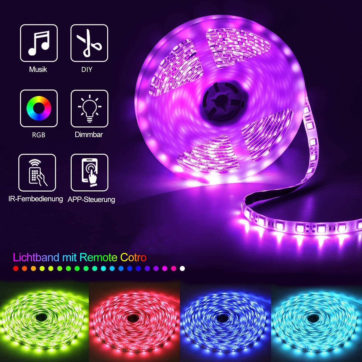 LED 15M,RGB Streifen Strip Stripe Gesamtlänge LED Oneid Lichtleiste LED Bluetooth