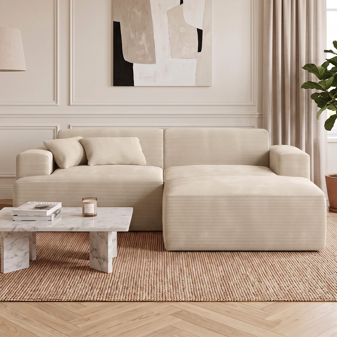 skølm Sofa Freki aus Cord, Vollschaumcouch mit Federkern und Vakuum-Kompression, Beige, Couch 2 Sitzer mit Hocker und 2 Kissen, kein Aufbau erforderlich, 230 cm breit, gepolstert, vakuumiert