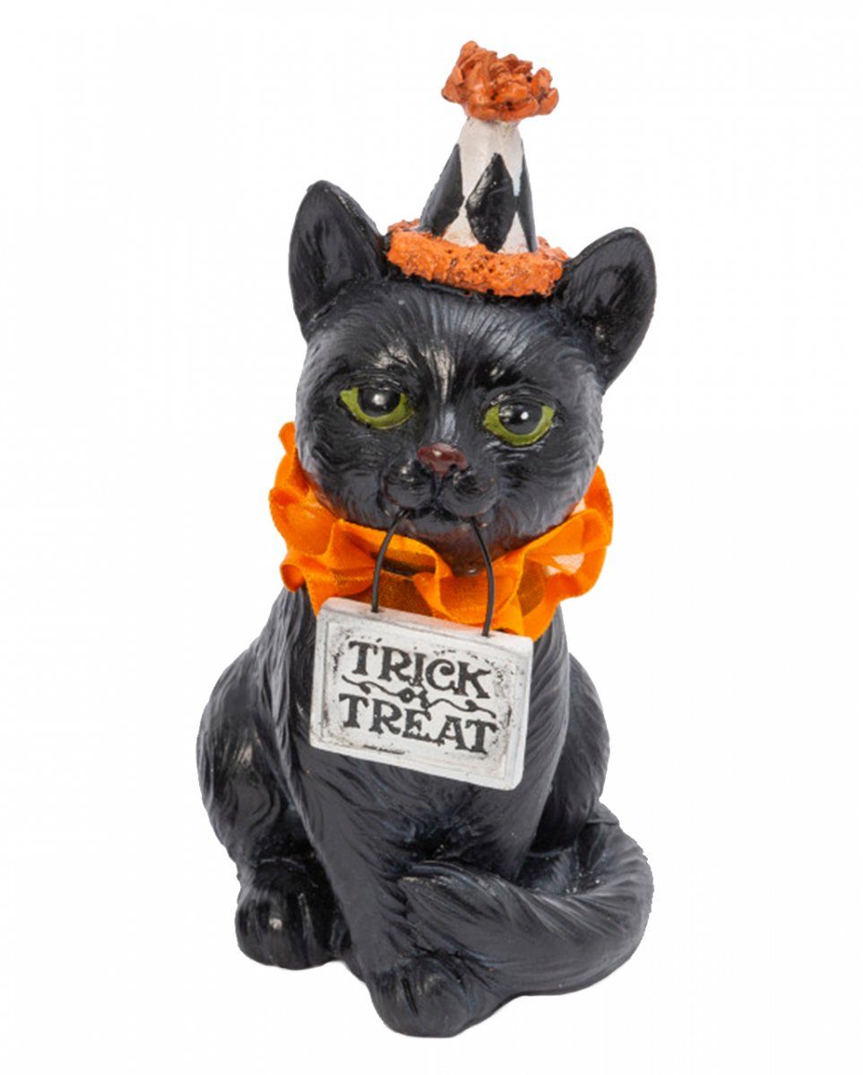 Horror-Shop Dekofigur Halloween Clowns Katze mit Trick or Treat Schild a