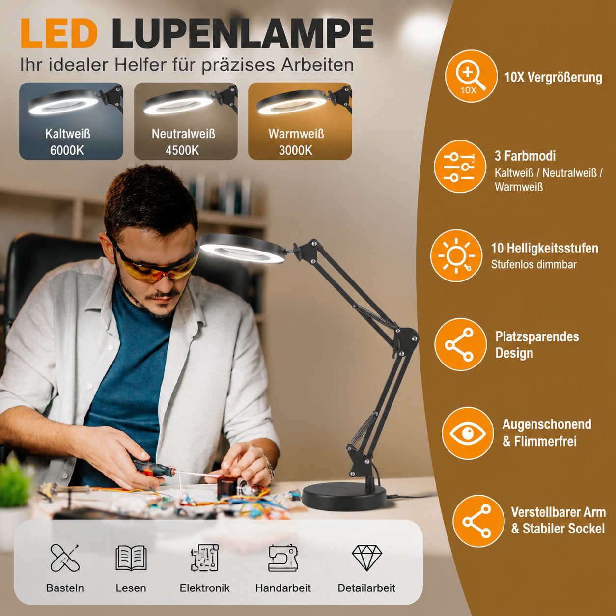 ibettertec LED Leselampe 10X LED Lupenleuchte Klemmbar Arbeitsplatzlampe Lupe mit Ständer, 2800-6500K, für Arbeit, Lesen,Nähen,Basteln,Senioren, Kaltweiß & Warm – Bild 2 von 5