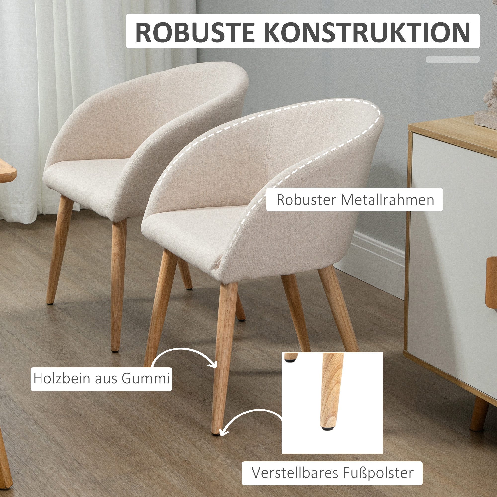 HOMCOM Esszimmerstuhl Polsterstuhl mit Armlehne, Leinen-Optik, Holzbeine, Sessel (Küchenstuhl, 2 St), für Esszimmer, Wohnzimmer, Beige – Bild 5 von 5