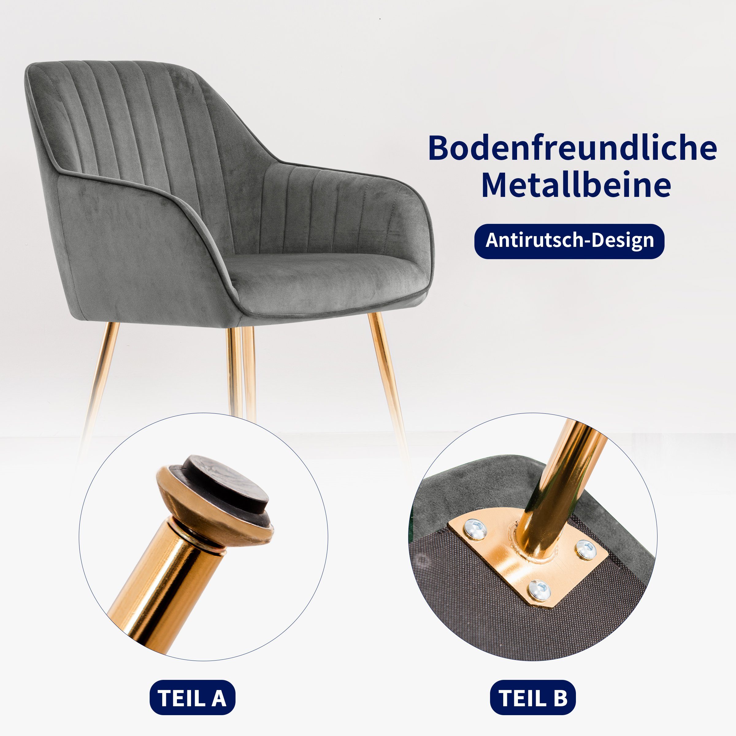 aus Esszimmerstuhl Sessel 2er Ständer mit Metall SUBRTEX Schwammpolster, Set, Grau Rückenlehne,