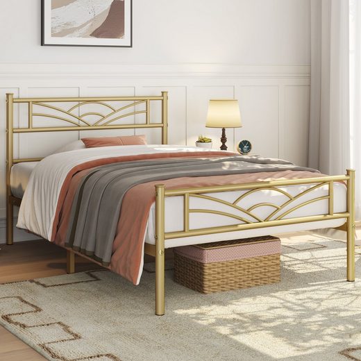 YAHEETISCH Bettgestell Metallbett, Bettrahmen mit Kopfteil Golden 90x200 cm