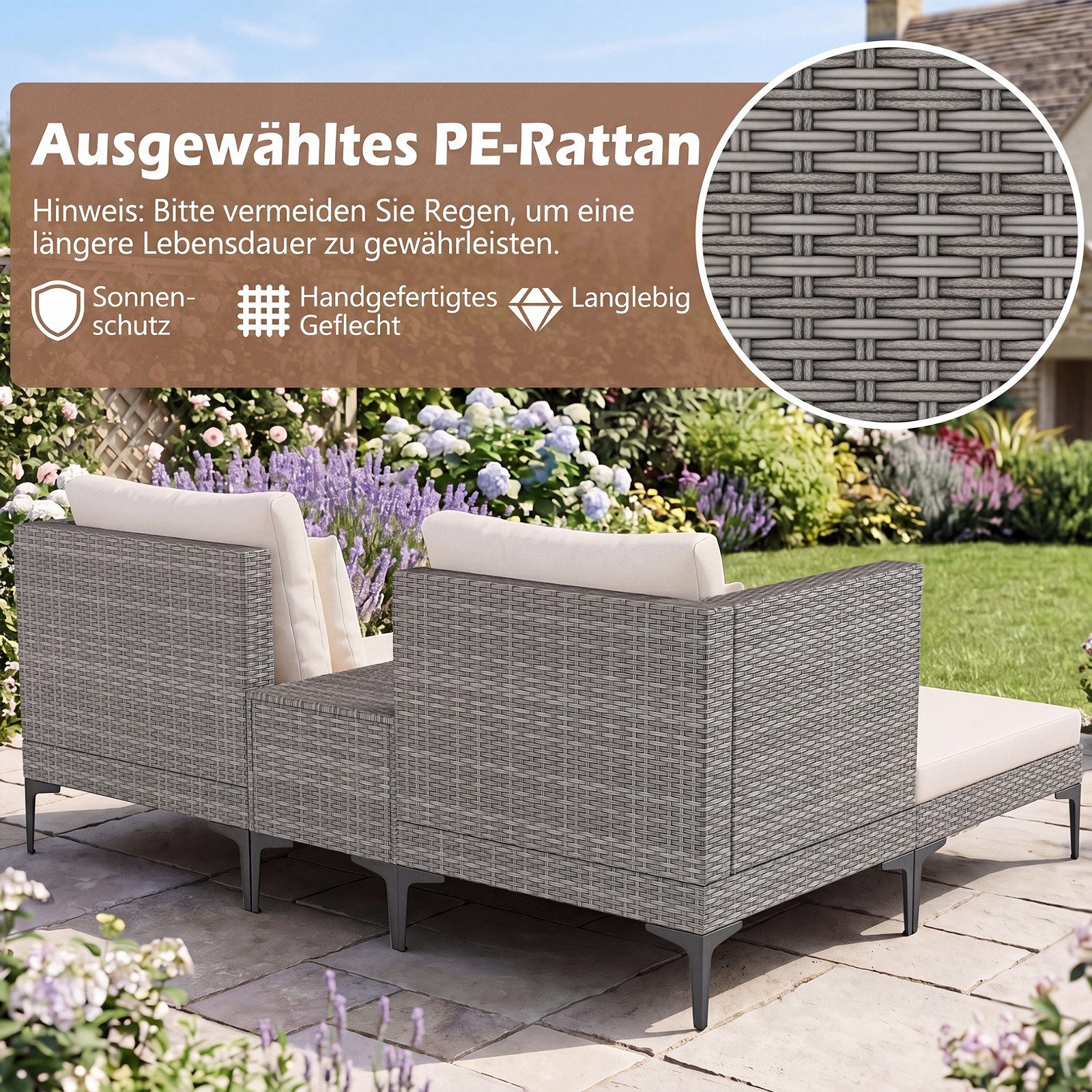 COSTWAY Gartenlounge-Set, (5-tlg), Balkonmöbel inkl. 2 Sofas, 2 Hockern, Tisch