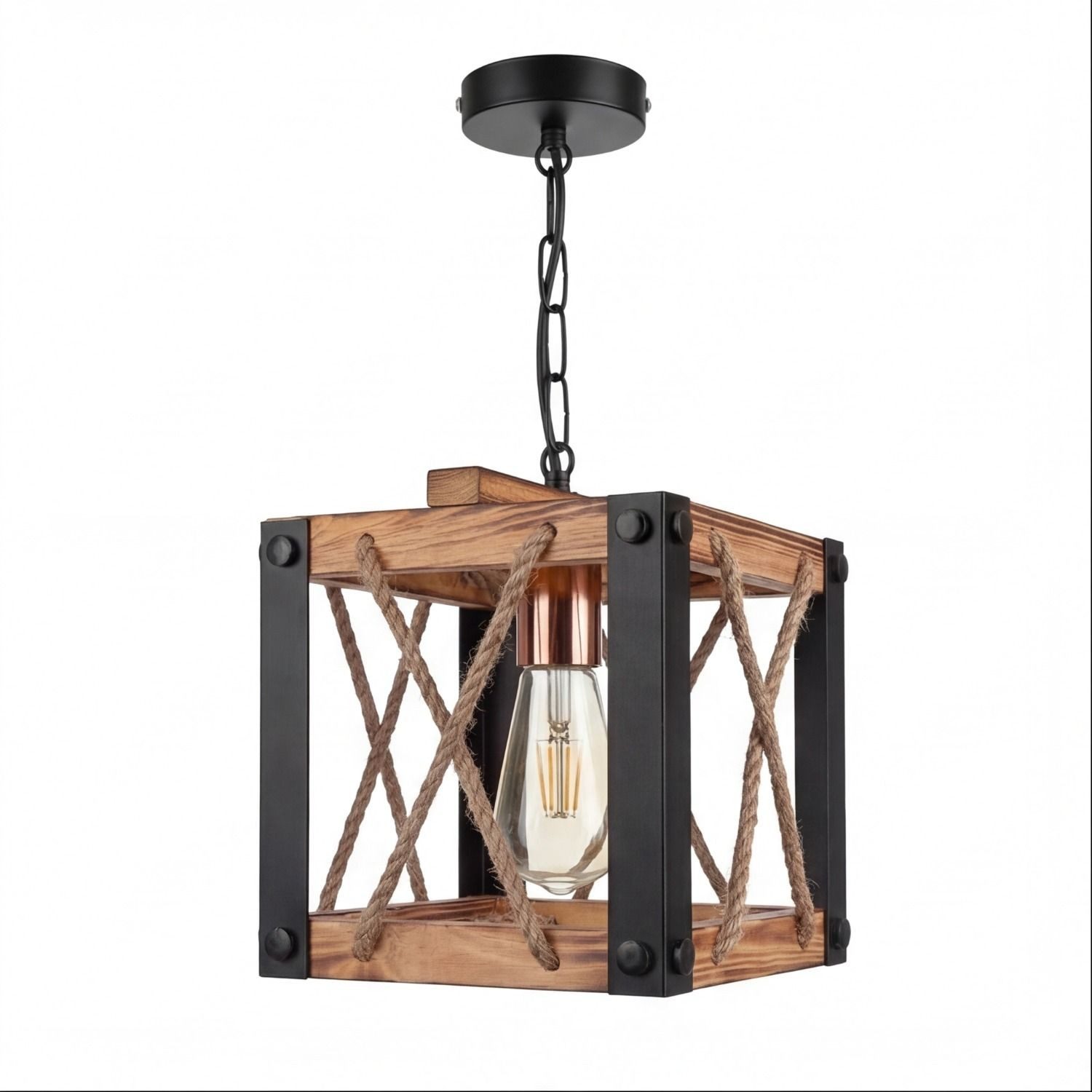 Licht-Erlebnisse Pendelleuchte SELMAR, ohne Leuchtmittel, Rustikal Metall geflammtes Holz 20 cm breit H: max. 85 cm für E27