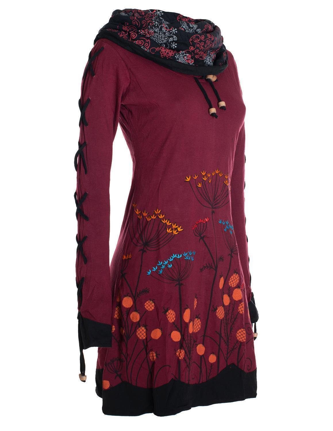 Vishes Jerseykleid Blumenkleid Elfen Style Schalkragen Hippie, dunkelrot mit Langarm-Shirtkleid Boho