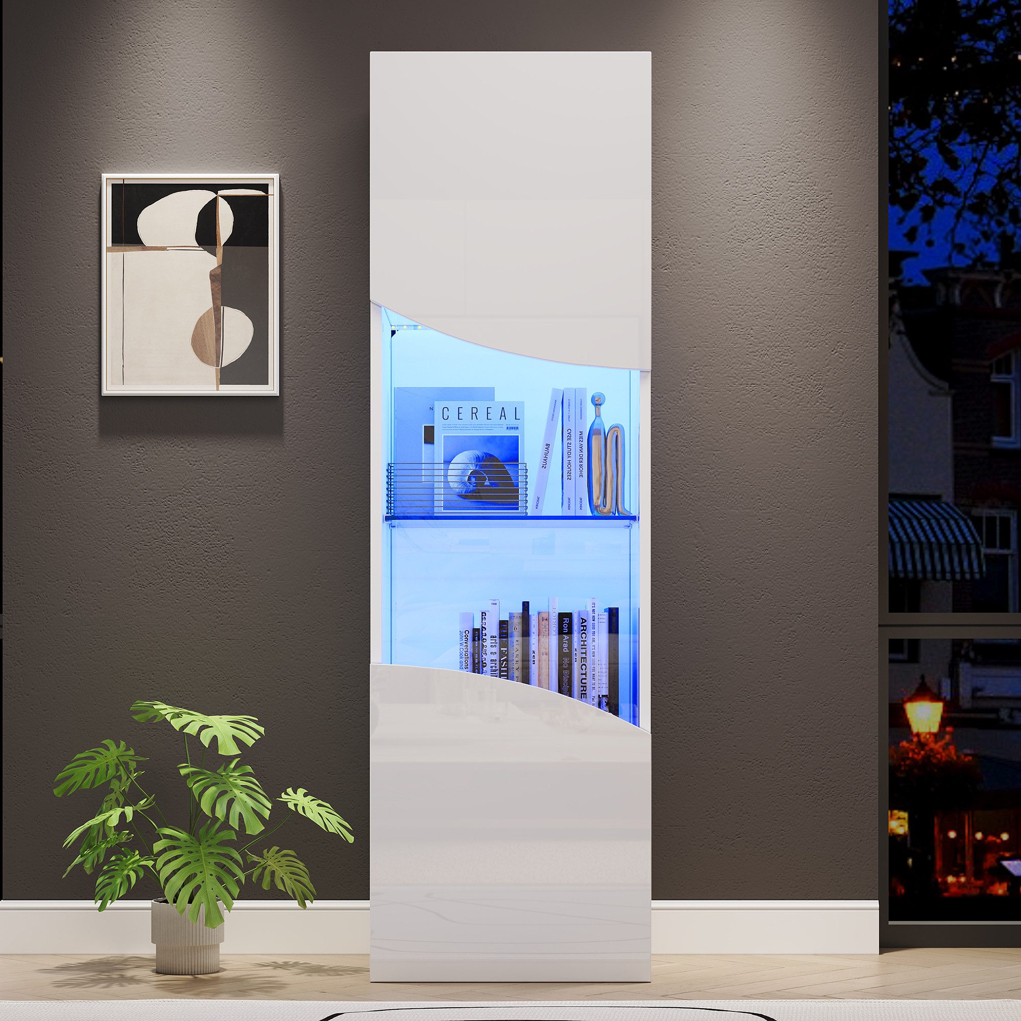 Celya Vitrine hoher Schrank mit großem Stauraum und LED-Beleuchtung (konkav bogenförmige Wellenoberflächengestaltung) Ideal für Wohnzimmer, Flur, Schlafzimmer oder Eingangsbereich
