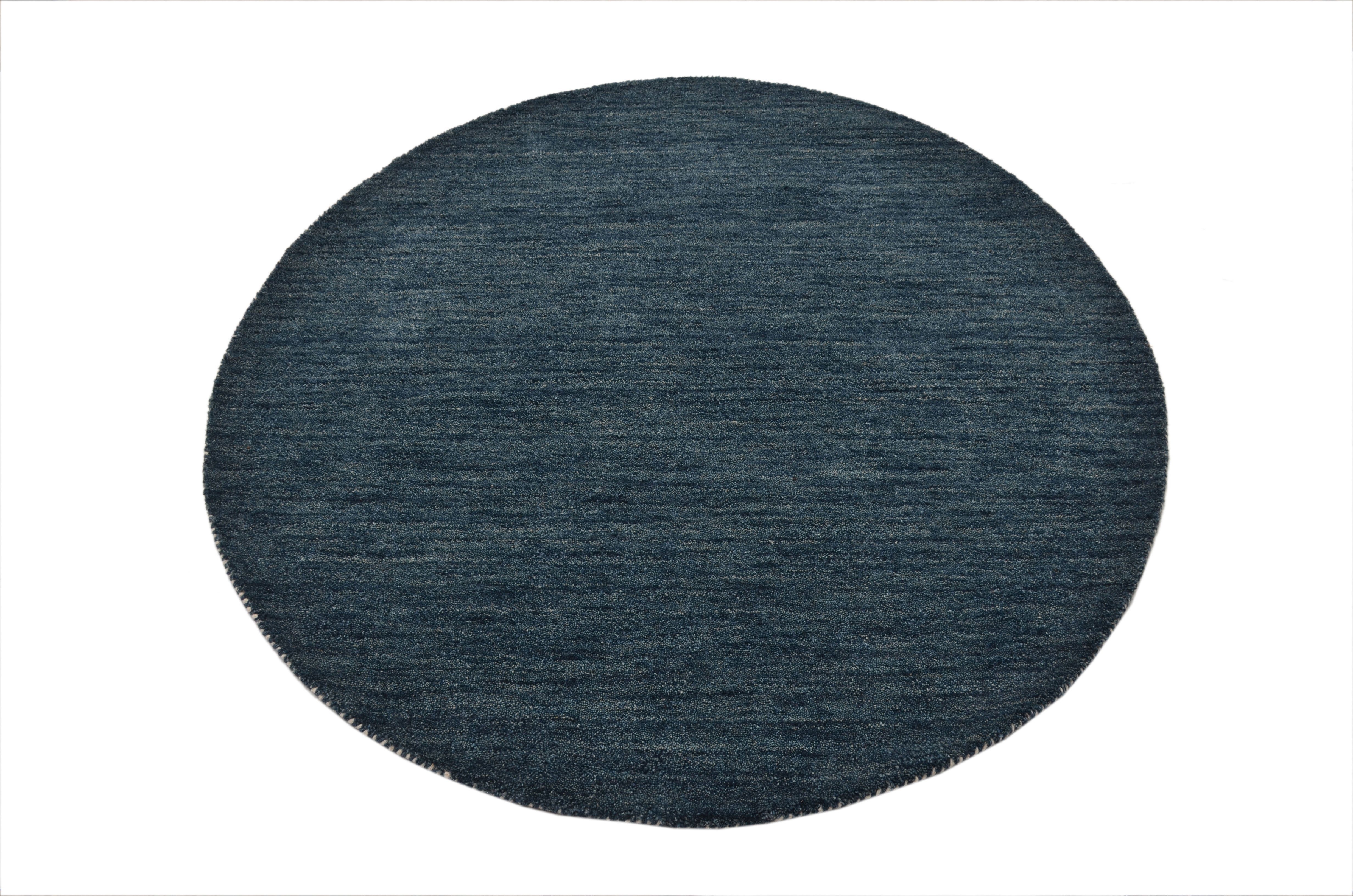 Wollteppich Gabbeh Uni, THEKO, rund, Höhe: 14 mm, Handweb Teppich, reine Wolle, handgewebt, elegant meliertes Garn grau-blau | Kurzflor-Teppiche
