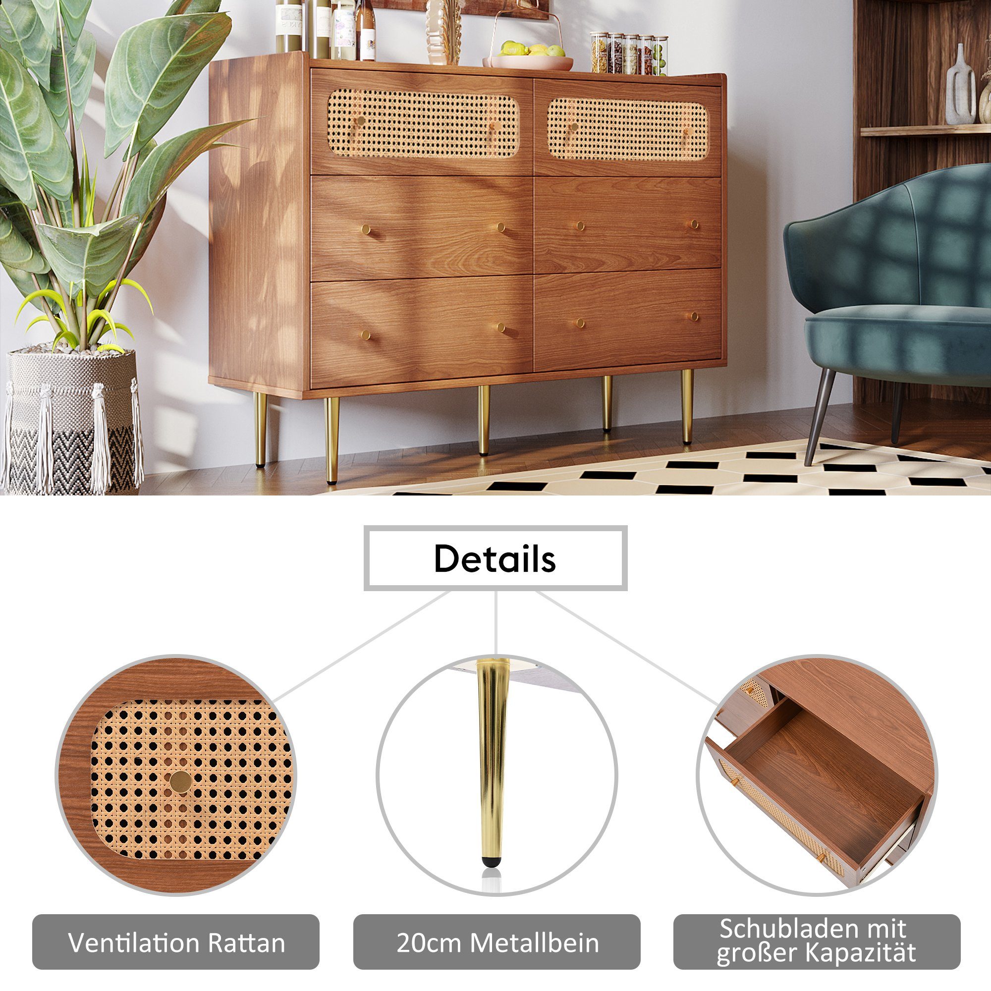 Merax Kommode Rattan geflecht,Highboard, Sideboard mit Schubladen, Schubkastenkommode