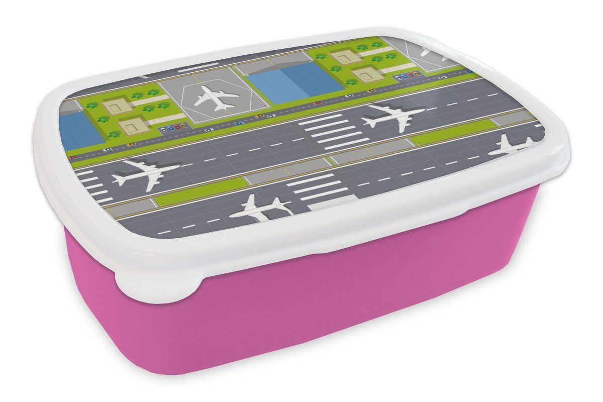 MuchoWow Lunchbox Design - Flughafen - Flugzeug, Kunststoff, (2-tlg), Brotbox für Erwachsene, Brotdose Kinder, Snackbox, Mädchen, Kunststoff rosa