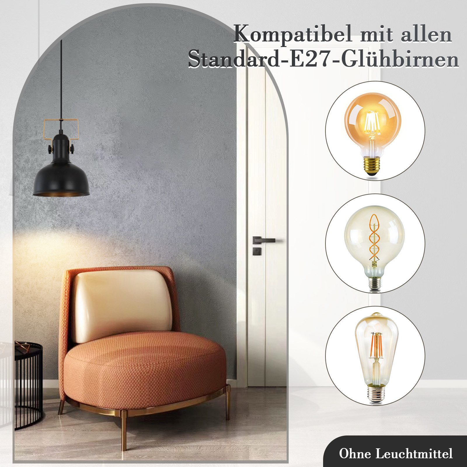 ZMH Pendelleuchte Eisen Schwarz E27 1/3-flammig höhenverstellbar für Esszimmer, 1-flammig, ohne Leuchtmittel, E27-Fassung, 25 W, ohne Leuchtmittel, Industrial – Bild 2 von 5