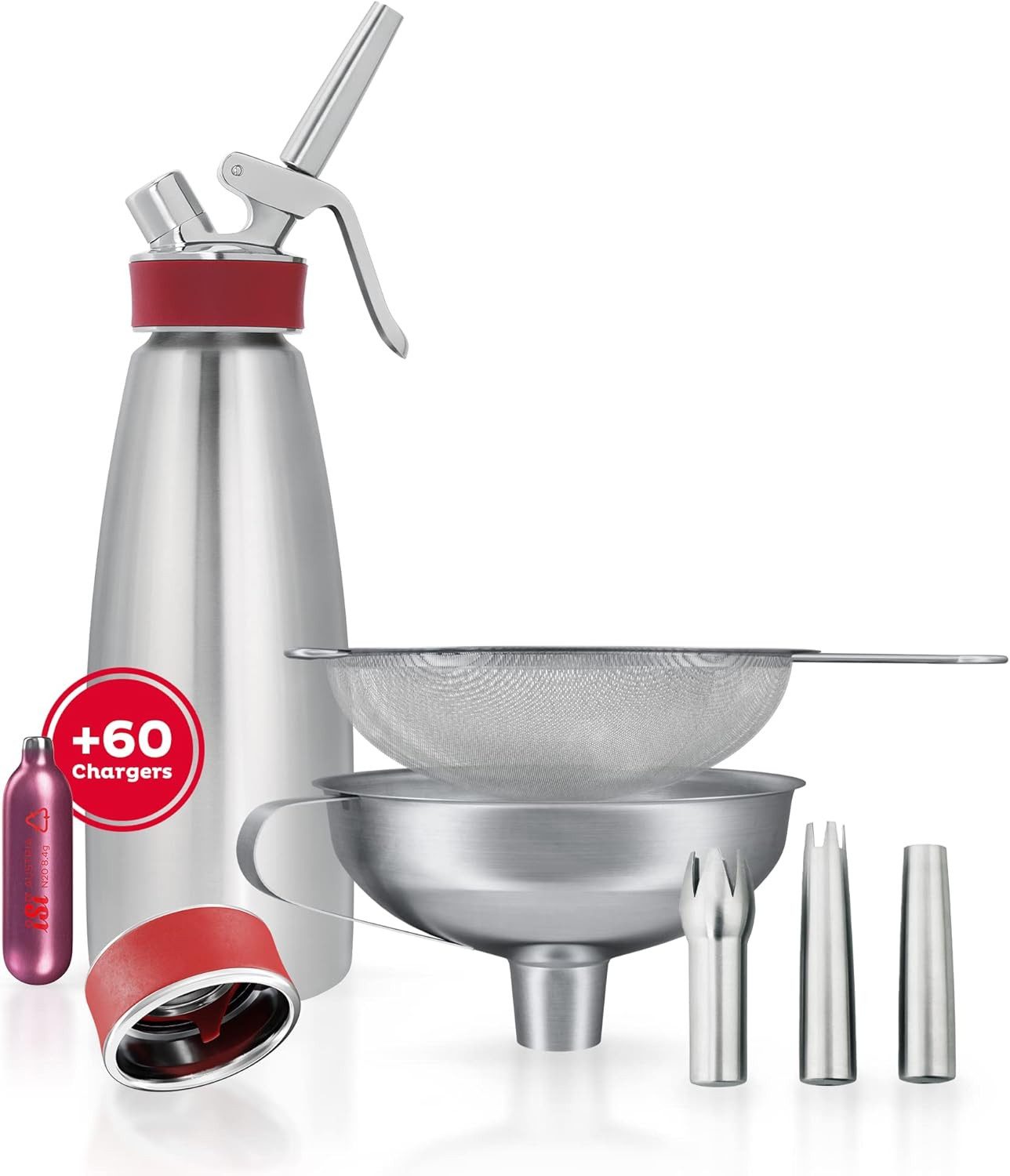 iSi Sahnesyphon Gourmet Whip 1 L Set mit 60 Kapseln, Tüllen, Trichter, Sieb & Kappe, Edelstahl, (Spar-Set, 67-tlg) Mit Zubehör, Für kalte und warme Gerichte, Viele Anwendungen