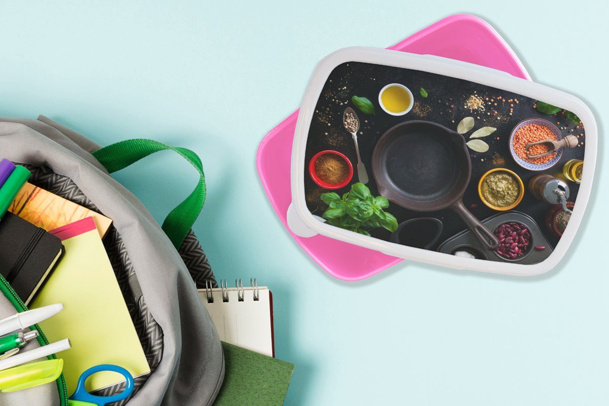 MuchoWow Lunchbox für Kräuter Erwachsene, - rosa Gemüse Kunststoff, Brotbox (2-tlg), Brotdose Pfanne, Kinder, Snackbox, Kunststoff Mädchen, 