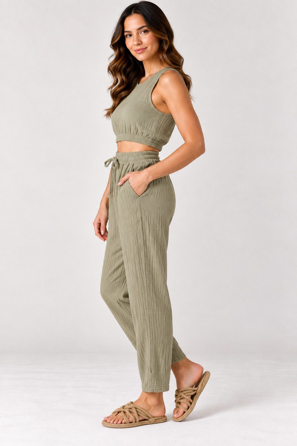 WENOR Stoffhose Damen Musselin Hose Baumwolle Tapered Sommerhose Knöchellänge, elastischer Bund, lässiger Style – Bild 3 von 5