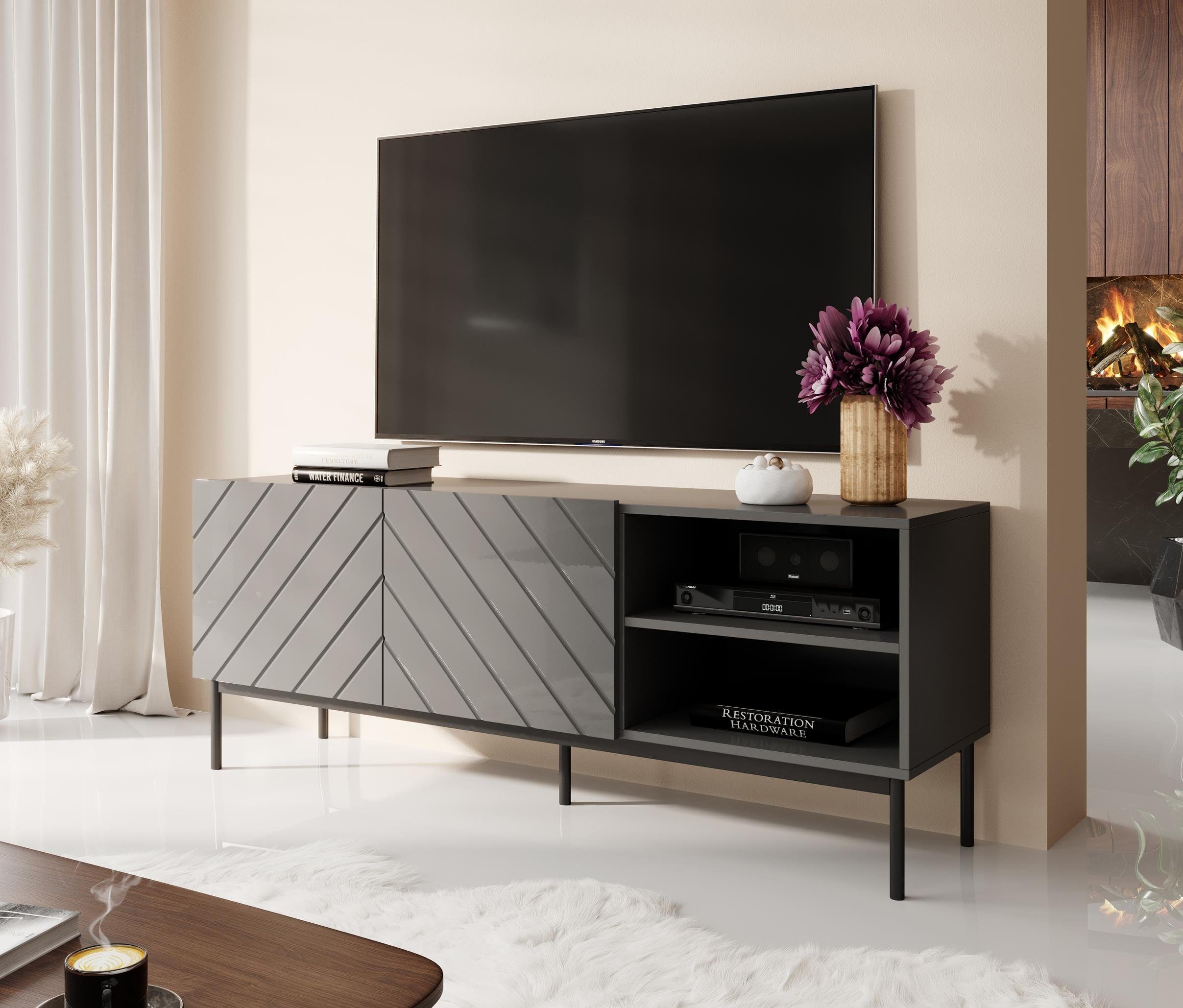 Furnix TV-Schrank ODELIA GESTELL 150/200 Fernsehschrank mit Ziertüren B150 bzw. 200 x H52 x T41,6 cm Graphit Glanz