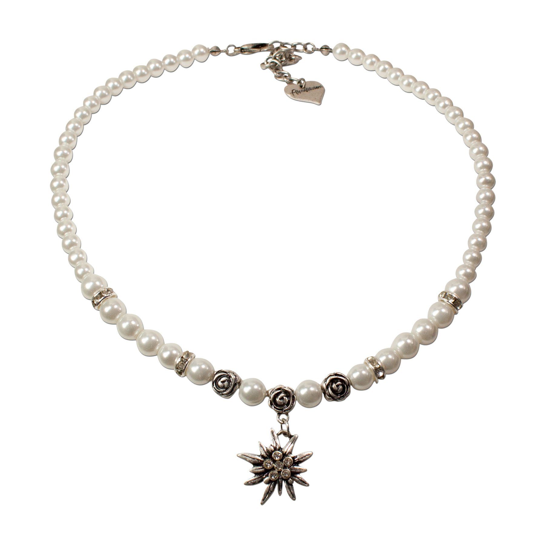 Alpenflüstern Ketten-Set Trachtenschmuck-Set Perlen-Trachtenkette, Armband, Charivari und Ohrhänger Strass-Edelweiß (creme-weiß), - Damen-Trachten-Schmuck, Trachtenset