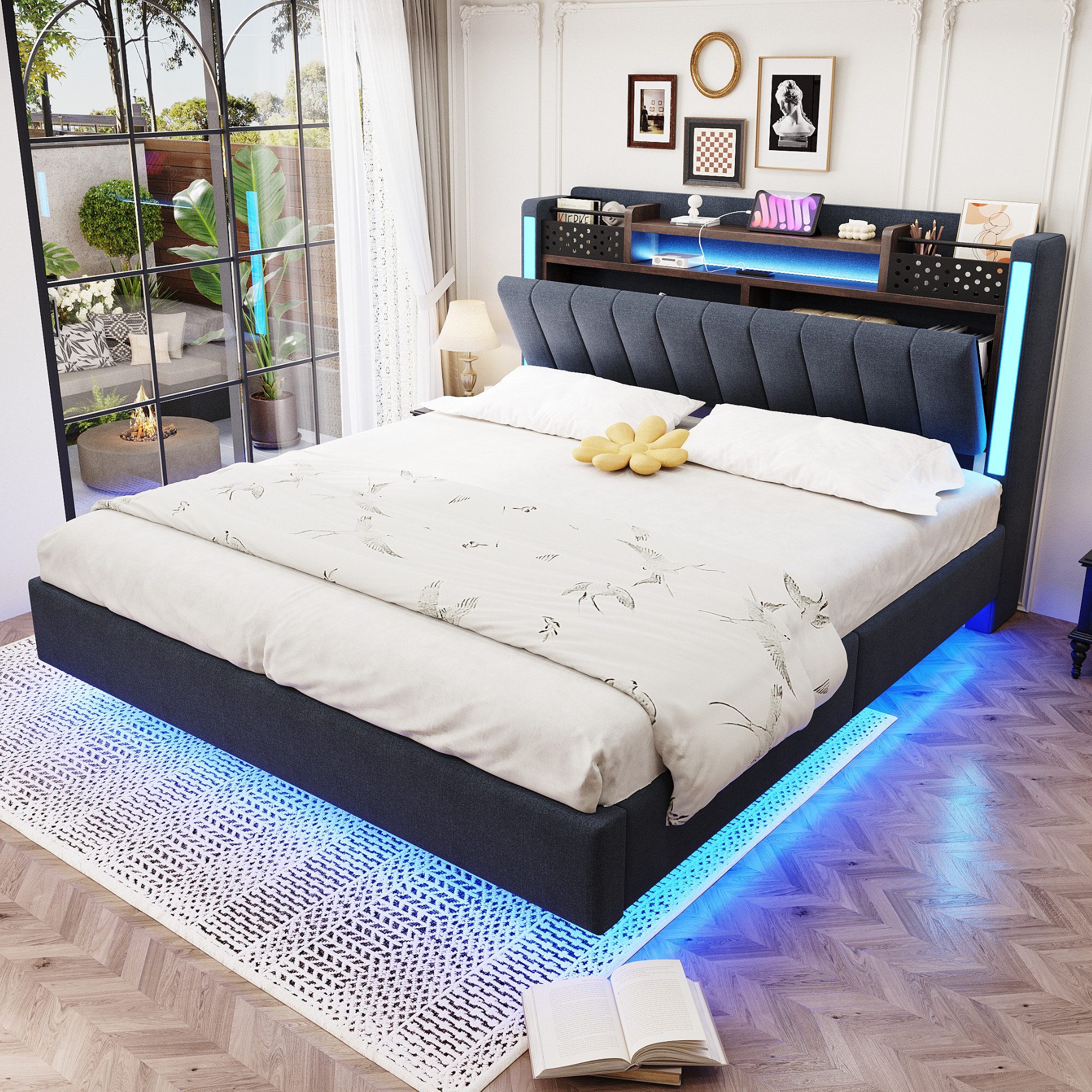 Flieks Polsterbett, LED Schwebebett Doppelbett 140x200cm mit USB-Aufladen u günstig online kaufen