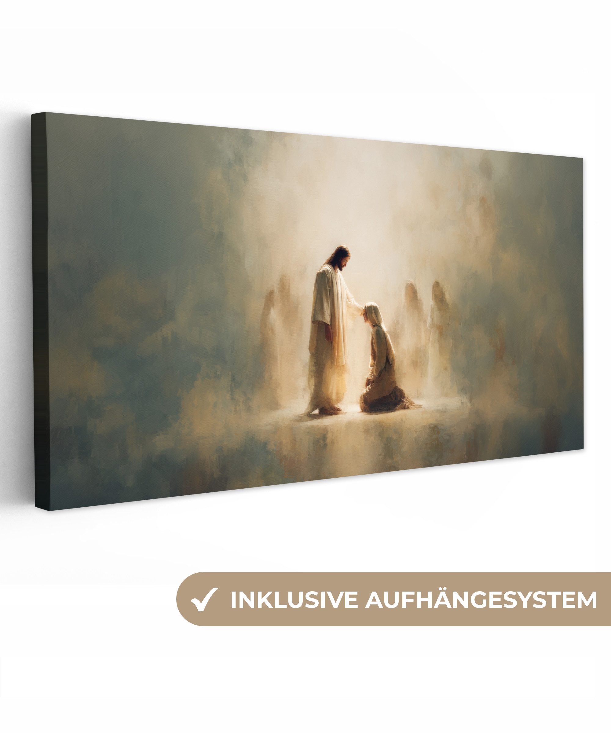 OneMillionCanvasses® Leinwandbild Panorama Kniend - Beige - Abstrakt - Jesus, Fotodruck (1 St), Wandbild, Deko Schlafzimmer Wohnzimmer Flur 40x20 cm
