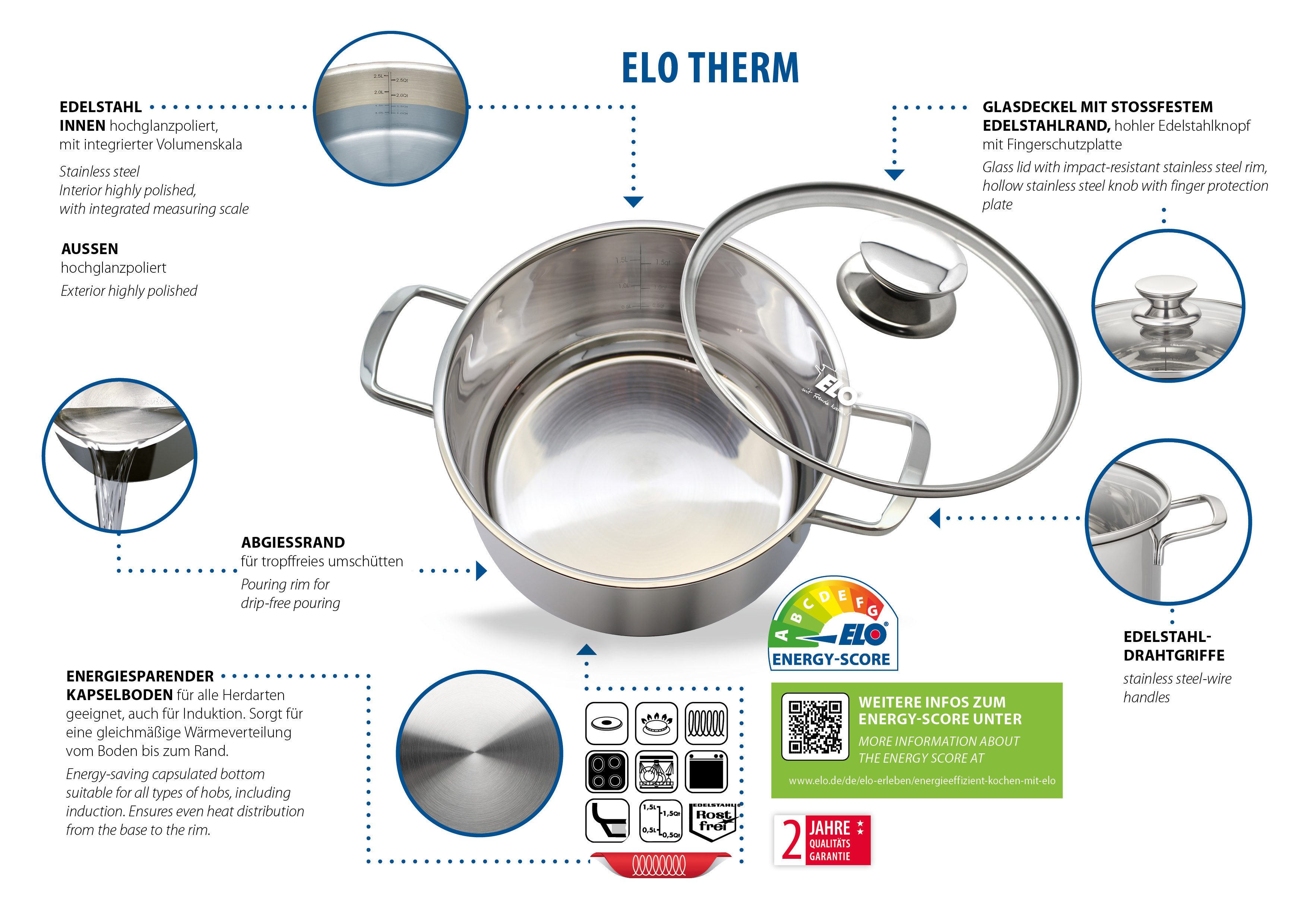 Elo Topf-Set Elo Therm Topfset 5-teilig, Edelstahl (Set, 8-tlg), Volumenskala