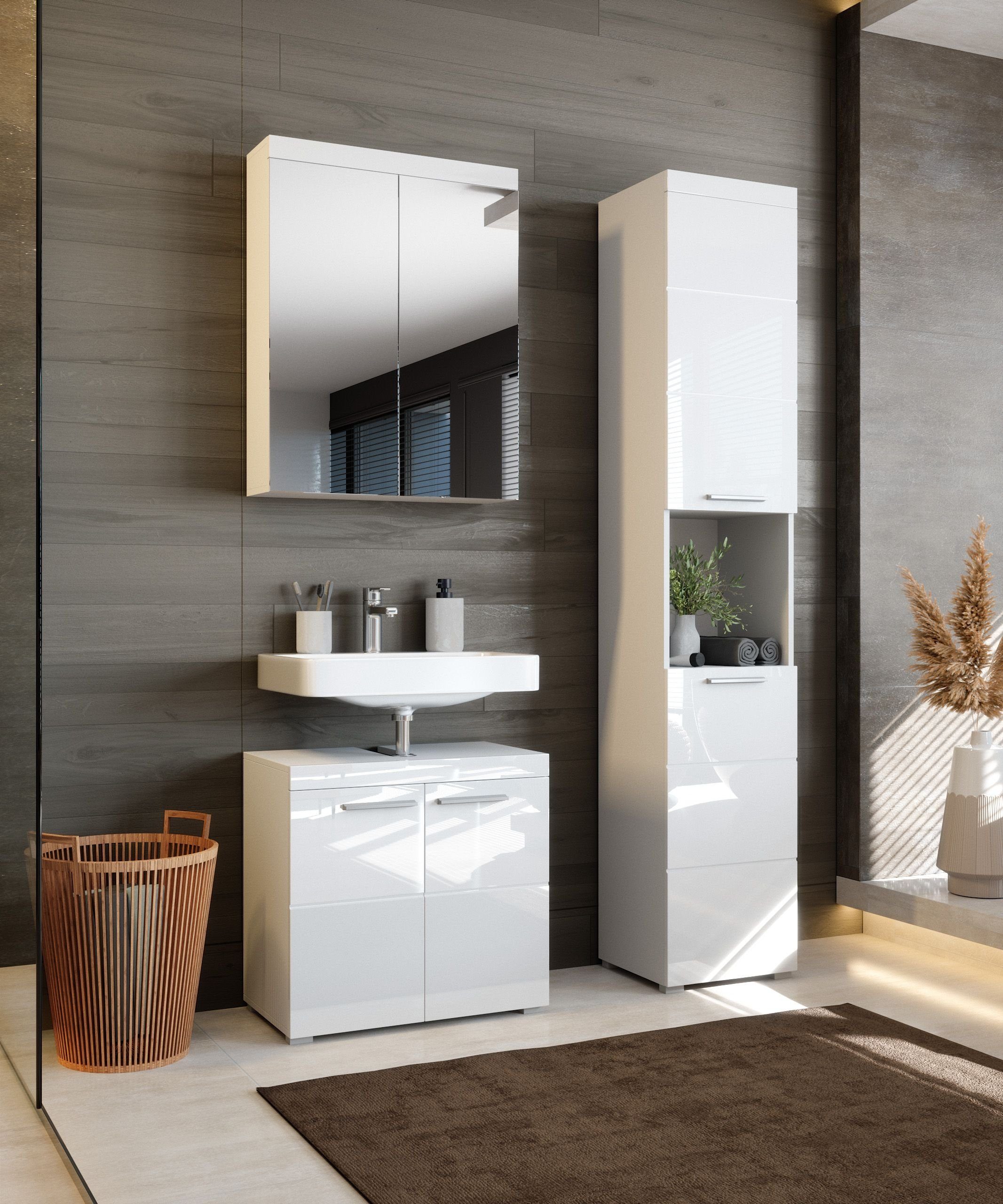 Newroom Hochschrank Trinity Weiß Hochglanz Badezimmerschrank günstig online kaufen