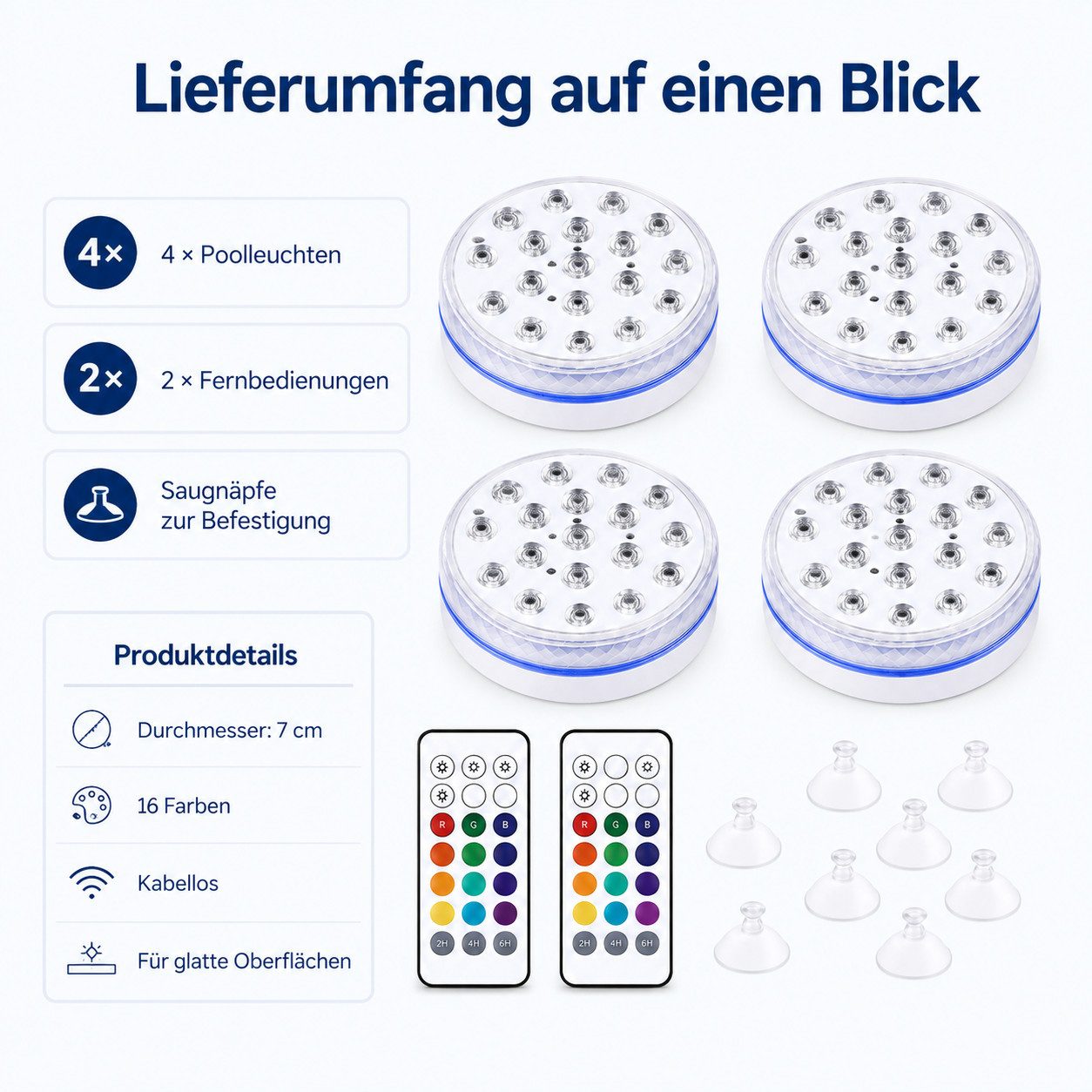 Tekoo Pool-Lampe LED Poollicht Unterwasserlicht IP68 Wasserdicht Magnetisch RGB, RGB-LED, LED, Mehrfarbig, IP68 wasserdicht, 16 Farbwechsel-Optionen