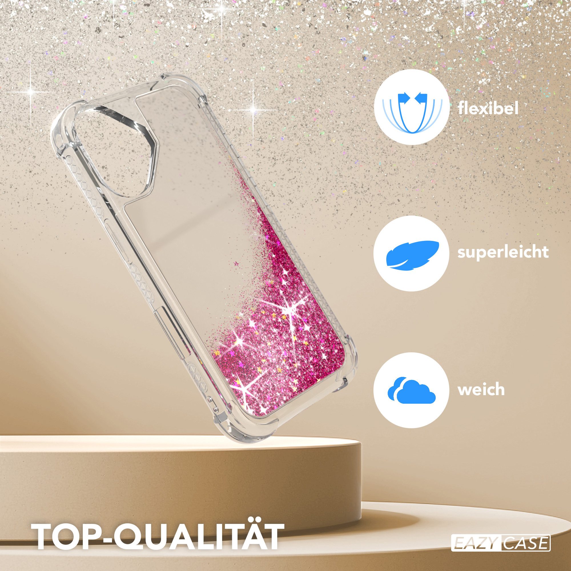 EAZY CASE Handyhülle Liquid Glittery Case für Apple iPhone 16 6,1 Zoll, Glitzerhülle Shiny Slimcover stoßfest Durchsichtig Bumper Case Pink