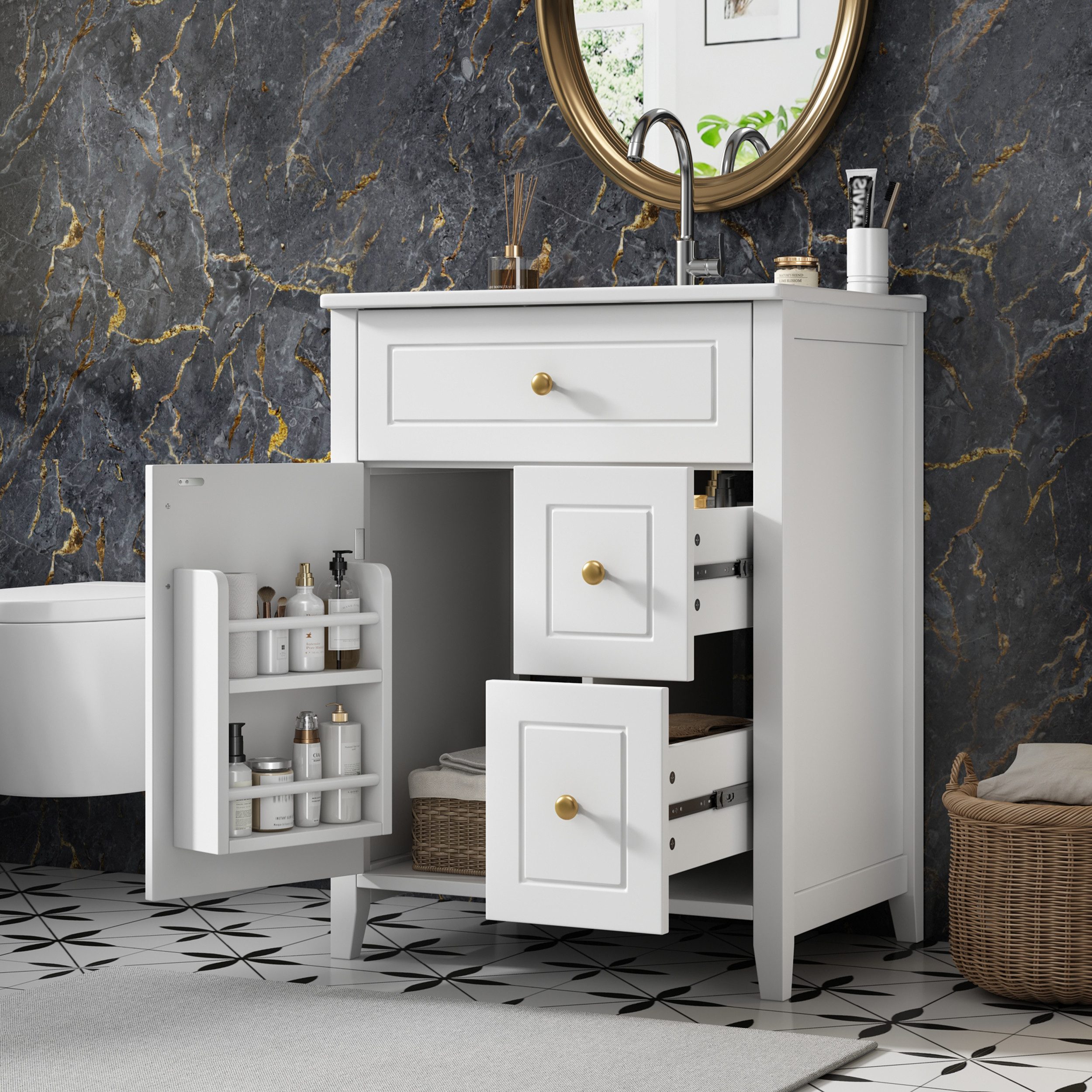 Flieks Waschtisch bodenstehender Waschbeckenunterschrank inkl. Keramik-Waschbecken (B61/T47/H87 cm, 1-St), Badezimmerschrank mit Soft-Close-Funktion Badmöbel Weiß