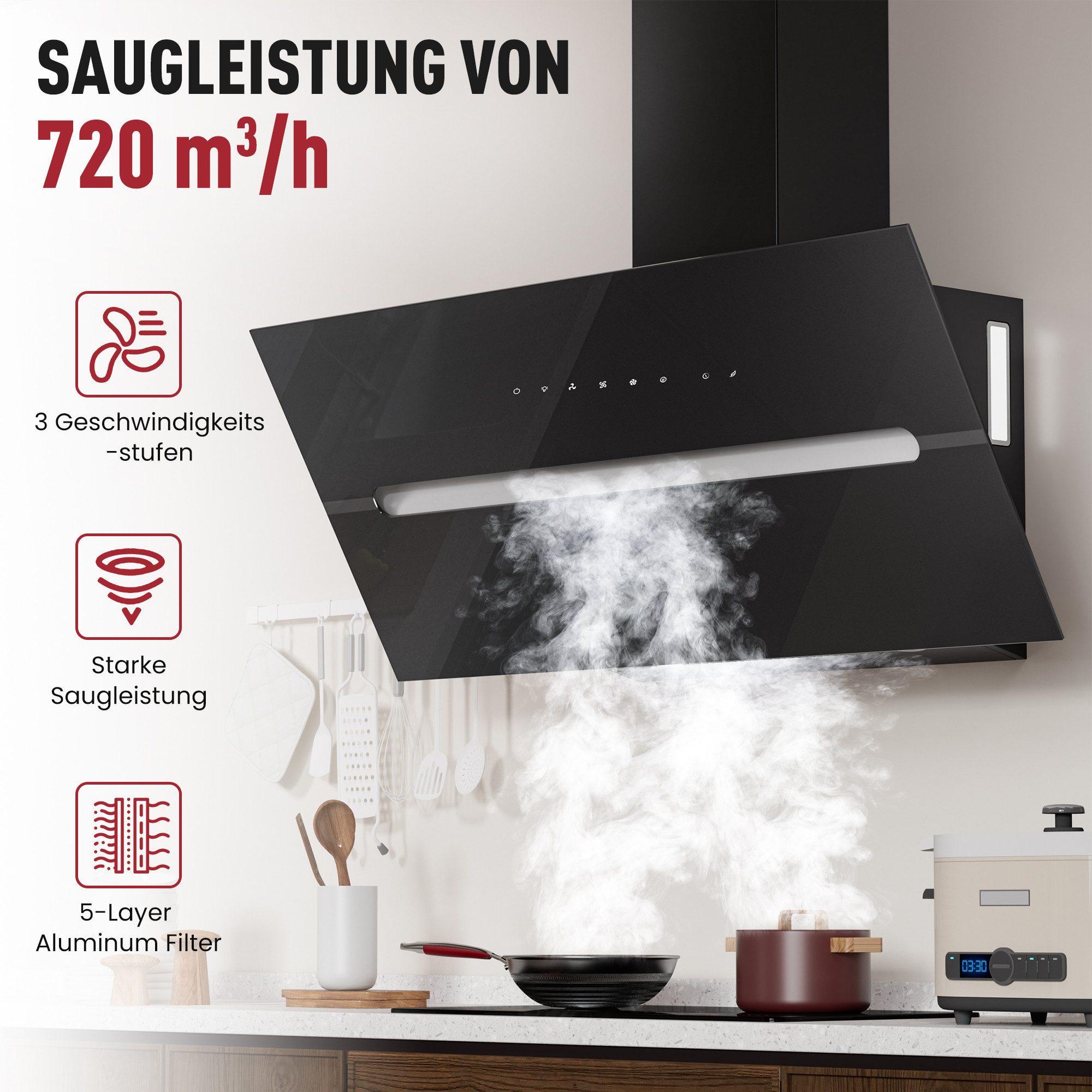 Levivo Kopffreihaube A+++ 720 m³/h Kopffreie Dunstabzugshaube 60cm und 90cm Umluft & Abluft A+++ 720 m³/h Kopffreie Dunstabzugshaube 60cm und 90cm Umluft & Abluft, Aktivkohlefiltern, Fettfiltern, LED-Beleuchtung