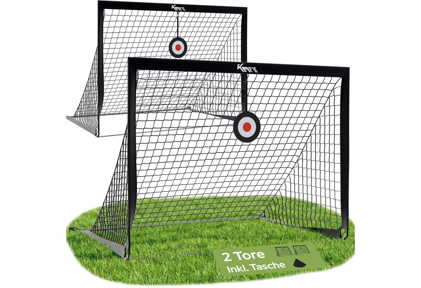 KM - Fit Fußballtor Fußballtor Set mit Zielscheiben, Bodenanker & Tasche 120x90 cm (Fußballtor Set 2er 120 x 90 cm), Schneller Aufbau, Werkzeuglose Montage, Tragbar, Wetterfest