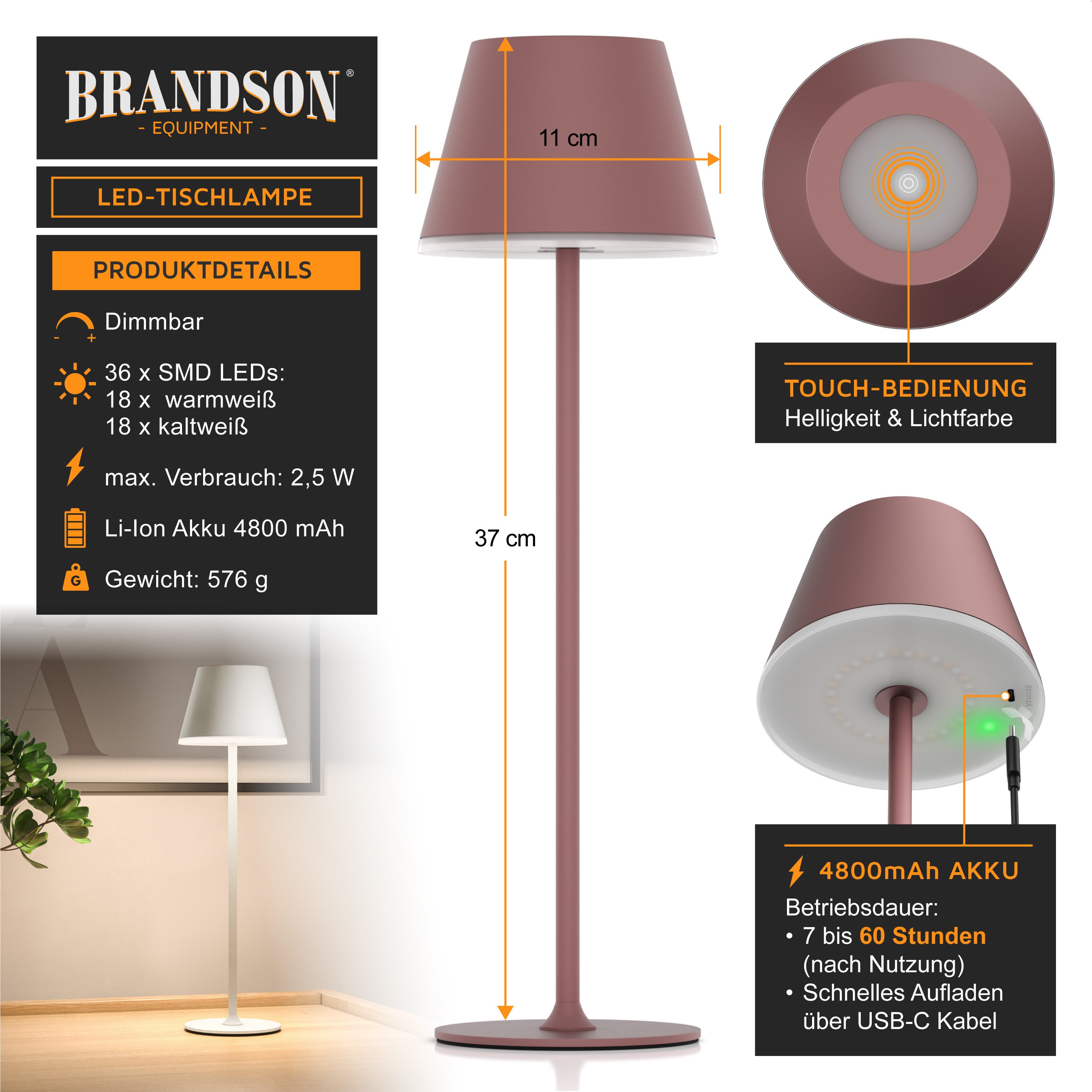 Brandson LED Tischleuchte mit Akku, Kabellos, mit Touch, Helligkeit stufenl günstig online kaufen