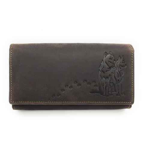 JOCKEY CLUB Geldbörse echt Leder Damen Portemonnaie mit RFID Schutz Husky, Geldbeutel mit geprägten Huskies und Pfotenabdrücken