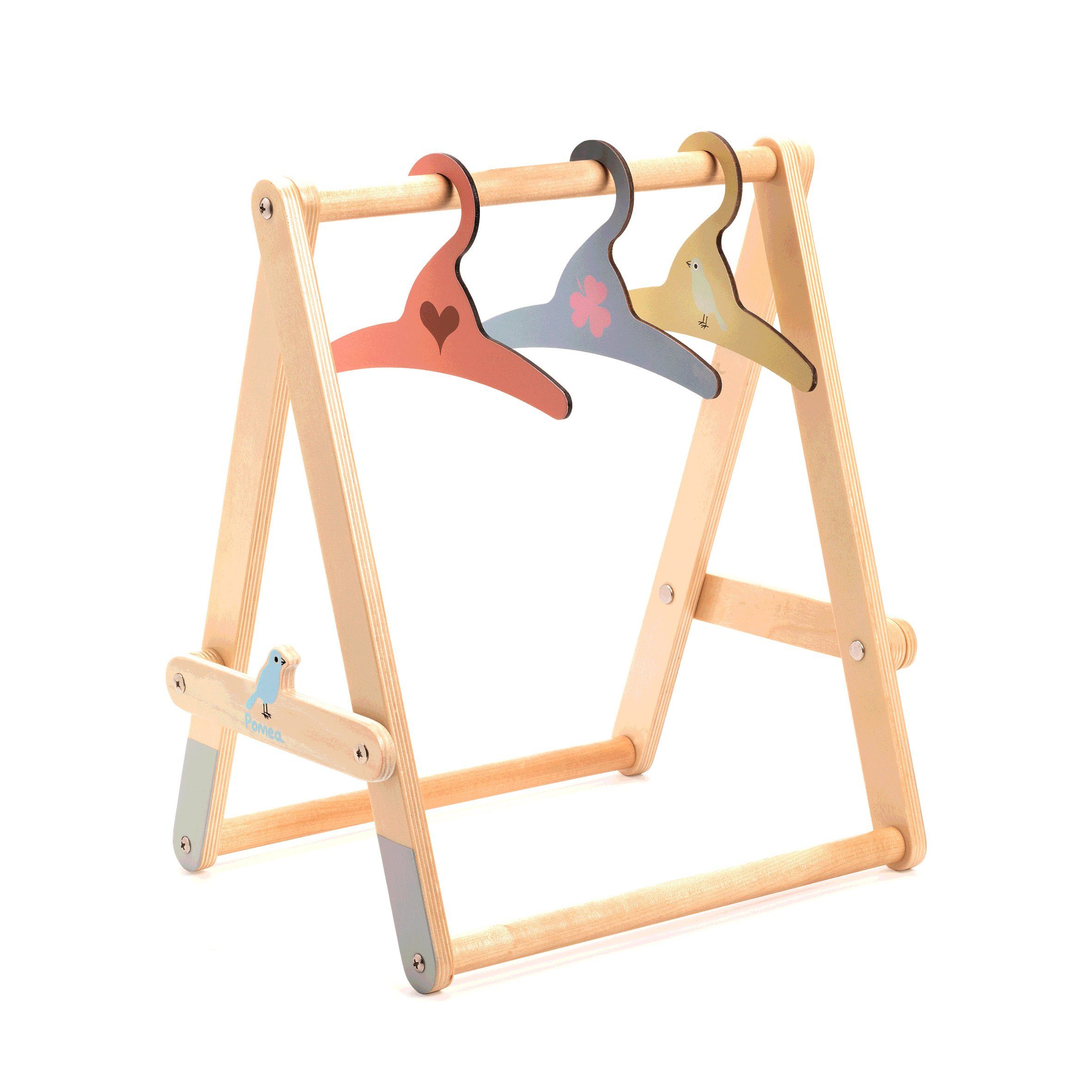 DJECO Puppenmöbel Pomea Puppen Kleiderständer aus Holz mit drei bunten Kleiderbügeln