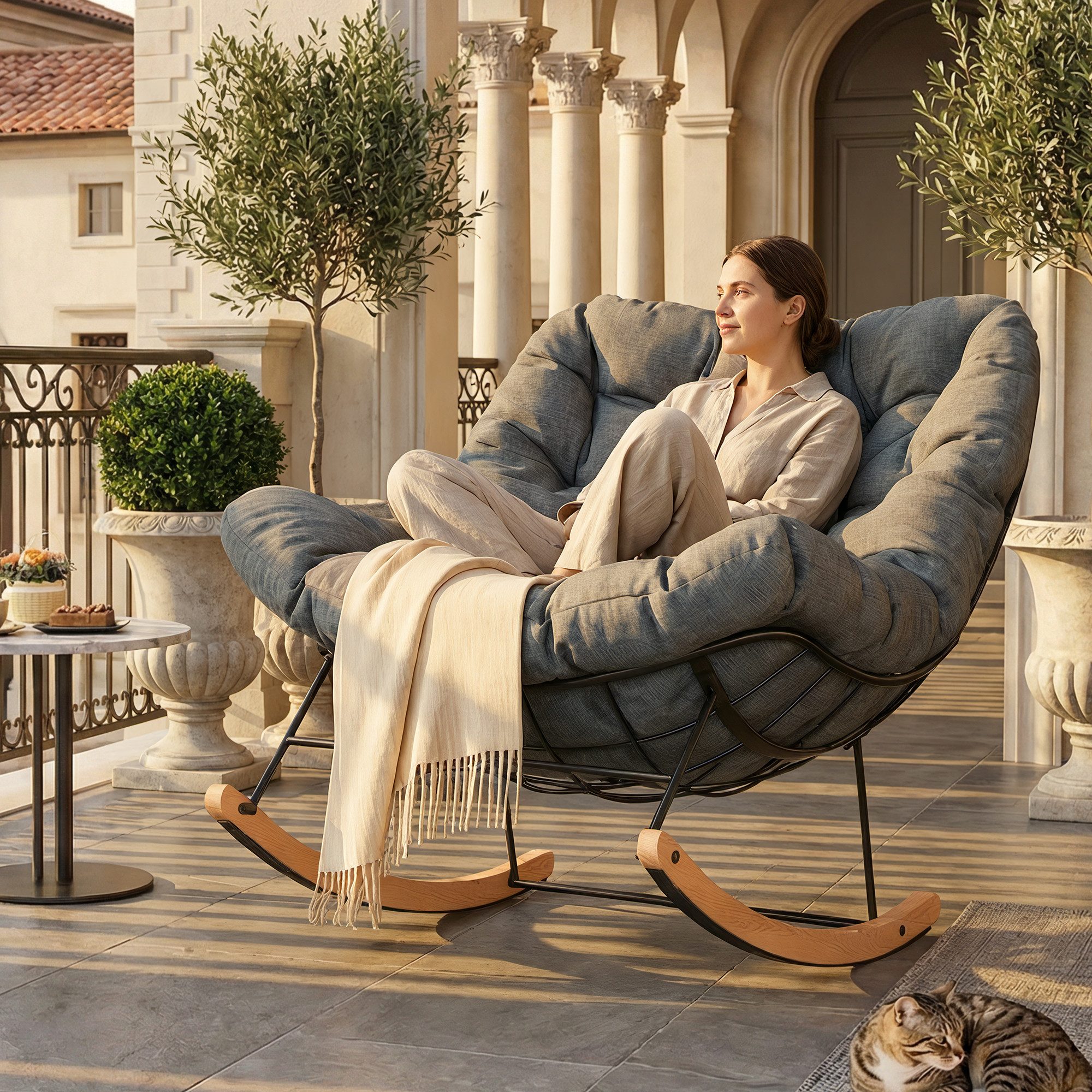 FLEXISPOT Schaukelsessel Komfortabler Loungesessel, Gartenliege mit Kopfkissen (mit sanfter Schaukelfunktion, Kopfkissen & stabilem Metallrahmen), ideal für Balkon, Terrasse, Garten & Wohnzimmer