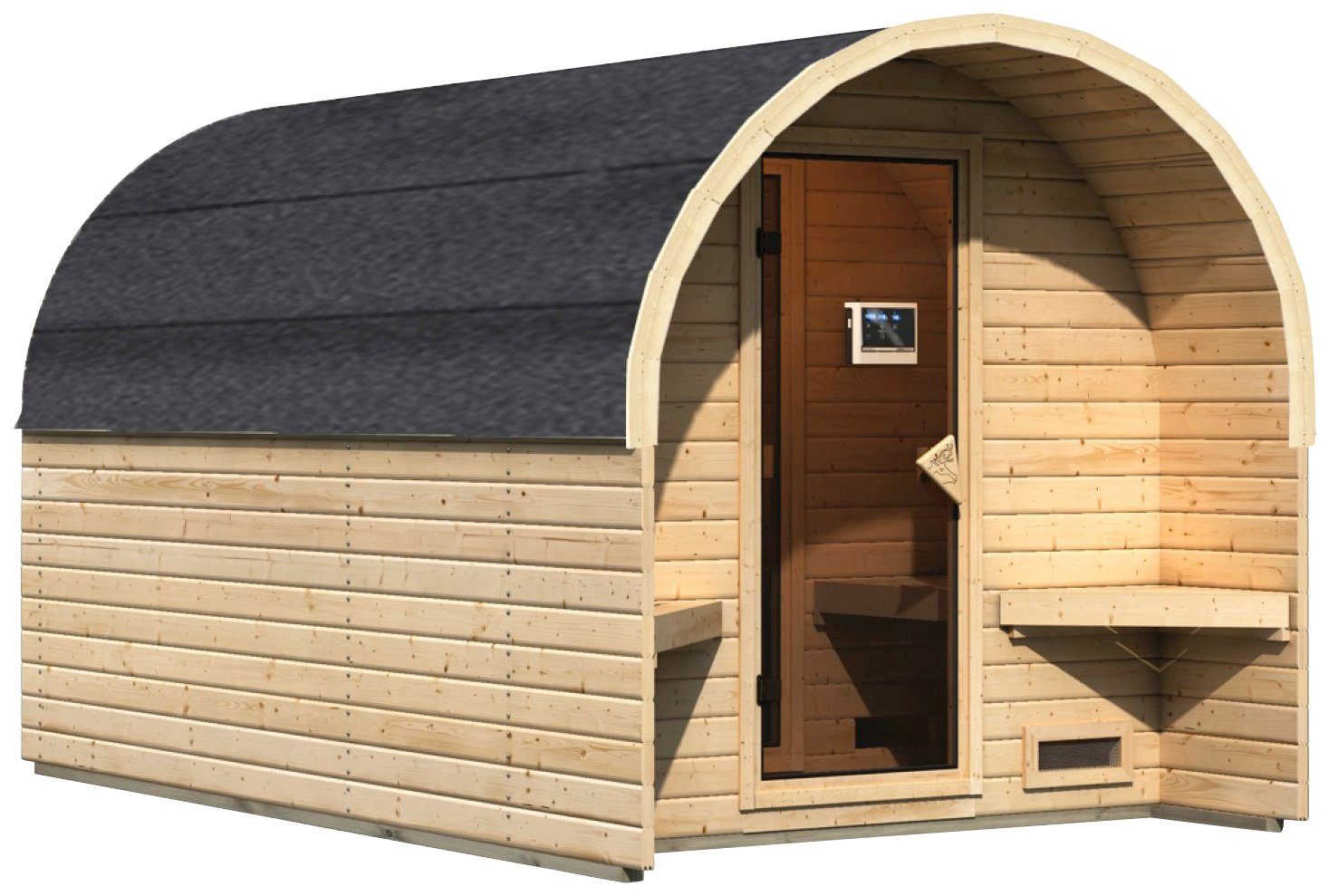 Karibu Fasssauna Fasshaus 3, BxTxH: 219 x 385 x 229 cm, 40 mm, (Set, 2-St) 9-kW-Ofen mit externer Steuerung