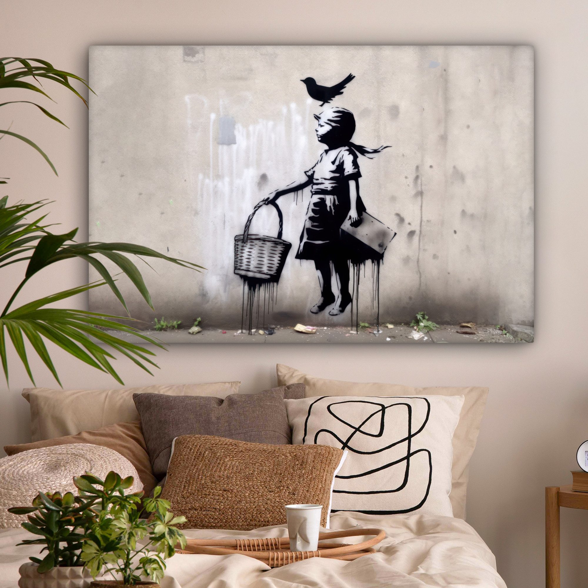 OneMillionCanvasses® Leinwandbild Graffiti - Mädchen - Vogel - Straßenkunst - Banksy-Stil, Fotodruck (1 St), Wandbild XXL für Wohnzimmer Küche 120x80 cm