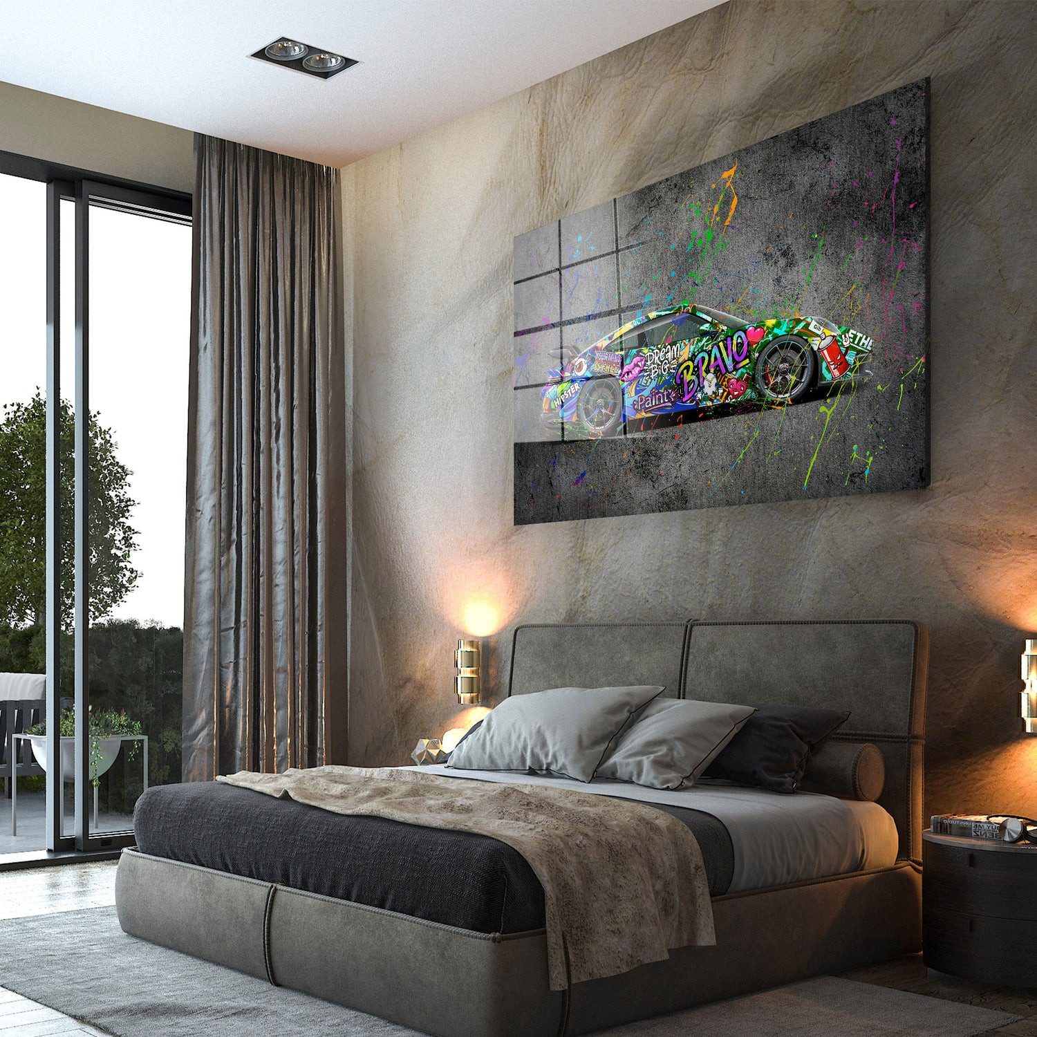 Artedinoi Acrylglasbild Graffiti Street Art Porsche Sportwagen Acrylglas Wandbild Bild Wanddek