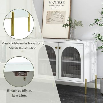 XDeer Sideboard Sideboard weiß-goldenes mit verstellbaren Regalen 120 cm langes, und Marmorplatte 2 Türen und 2 Schubladen Schrank mit Glastüren