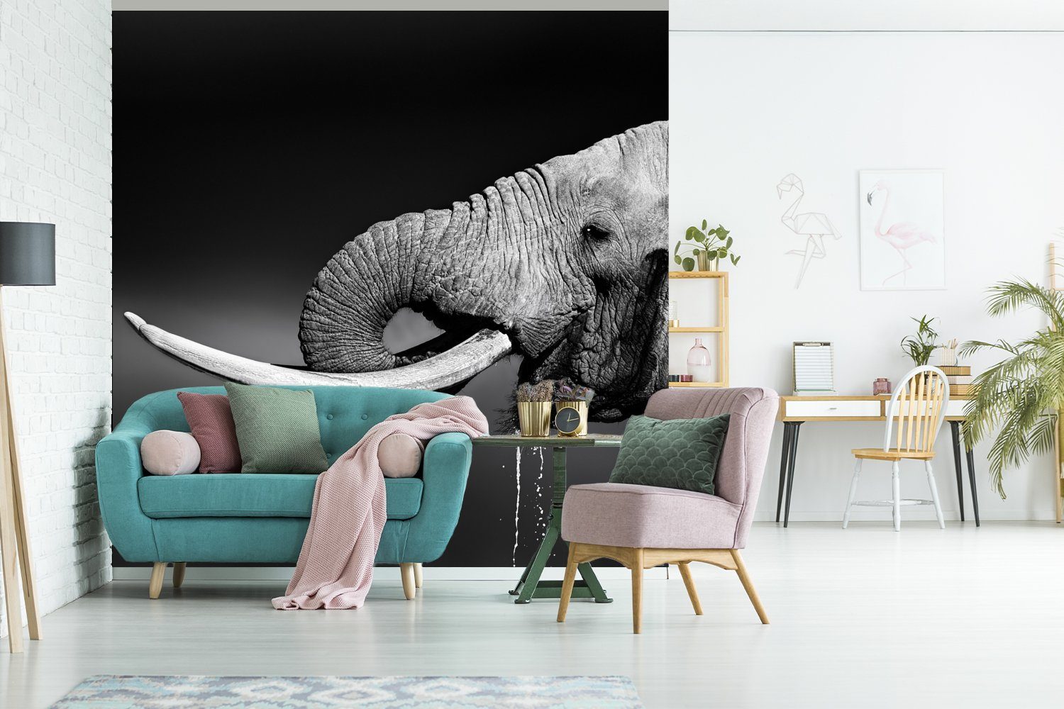 MuchoWow Fototapete Elefant (4 Küche, - St), - Vliestapete für Fototapete Weiß, Schwarz Matt, Wasser Schlafzimmer - Tiere bedruckt, - Wohnzimmer
