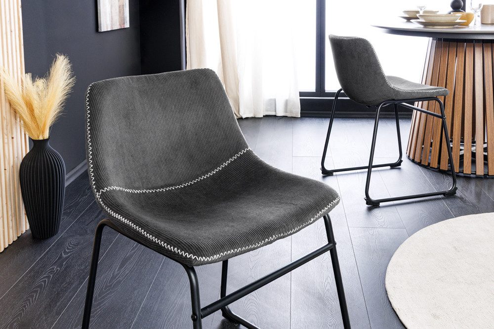 riess-ambiente Esszimmerstuhl DJANGO grau/schwarz- Cord, Metallgestell, Kontrastnähte, ohne Armlehne (Einzelartikel, 1 St), gepolsterter Stuhl - ideal für Esstisch, Schminktisch und Wohnzimmer