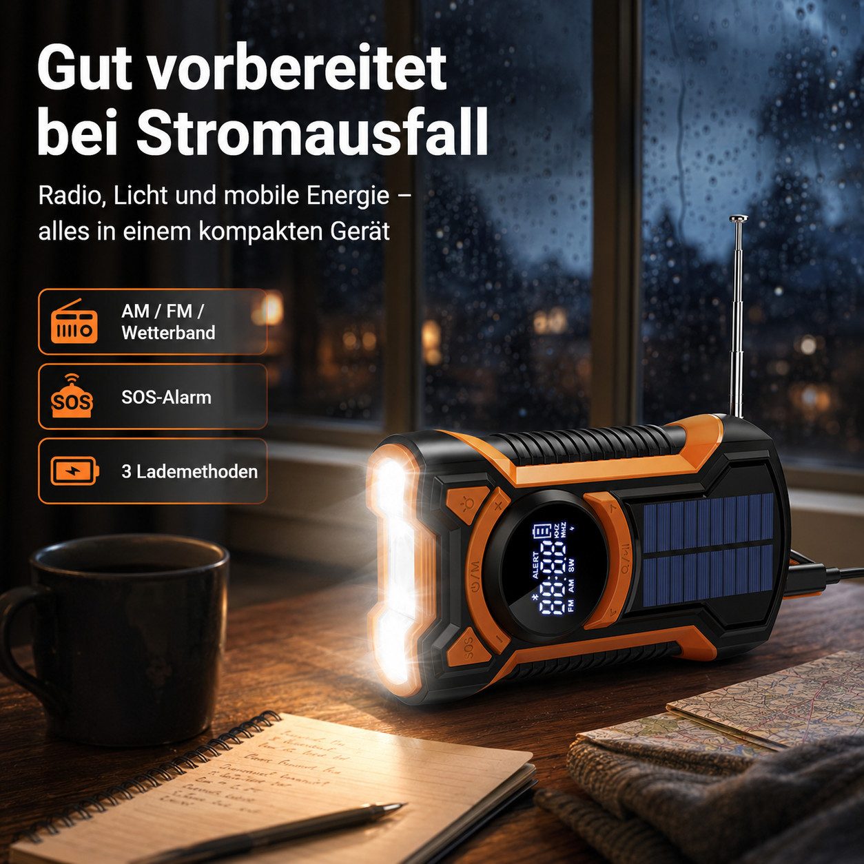 Tekoo Notfallradio 5000mAh mit Solar, Kurbel, LED, Bluetooth, IPX5 Notfallradio (Sendersuchlauf, FM, AM, 3 Lademethoden (Solar, Kurbel, USB), IPX5 Wasserfest, Bluetooth 5.3)