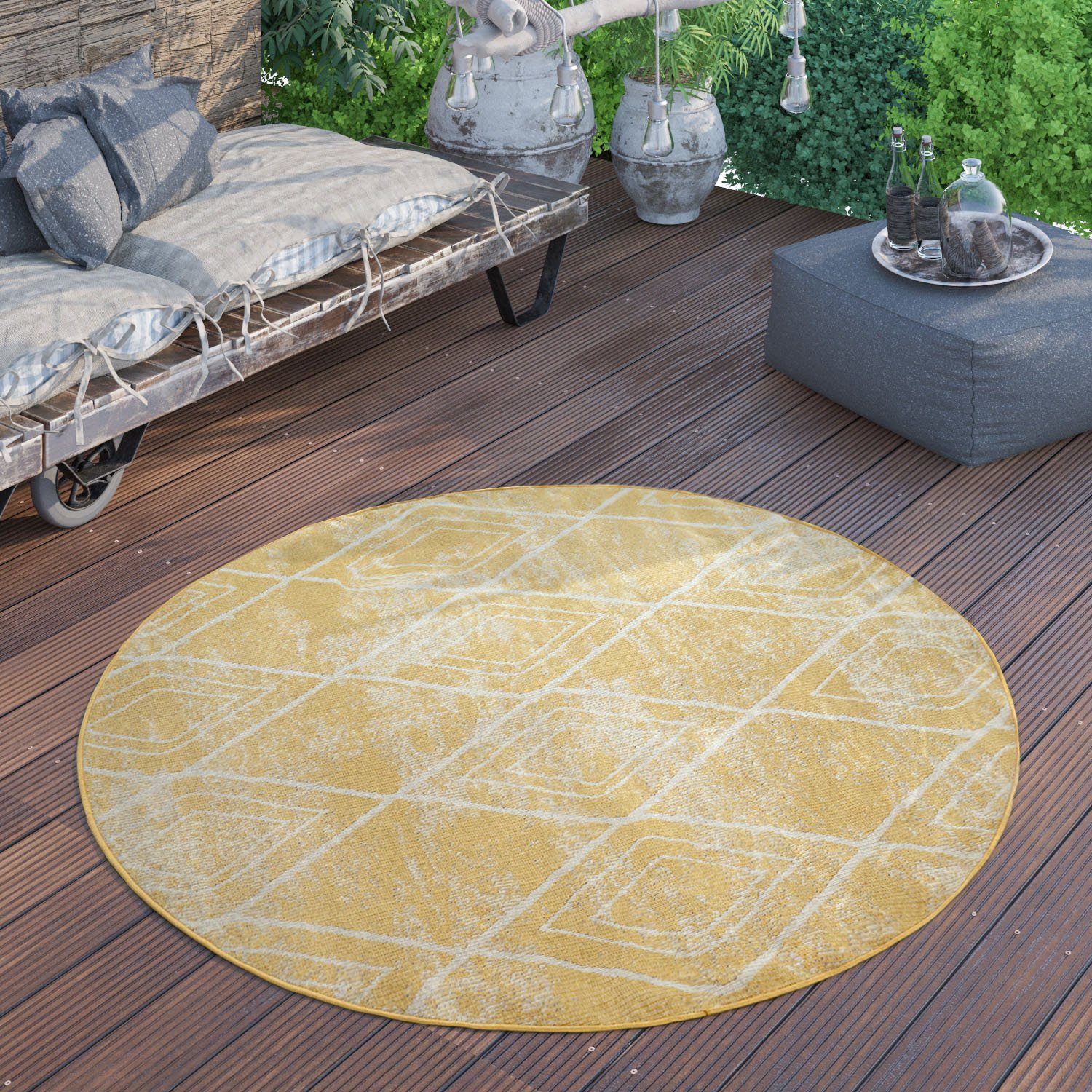 Teppich Artigo Design, und mm, Kurzflor, Rauten In- gelb geeignet Home, rund, Höhe: Outdoor 11 Paco 427