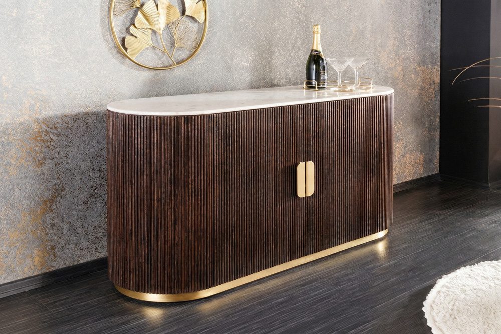 riess-ambiente Sideboard GATSBY 120cm braun/gold - Mangoholz, Massiv, weißer Marmor, Stauraum (Einzelartikel, 1 St), Eleganter Vintage-Schrank - ideal für Flaschen, Getränke und Geschirr