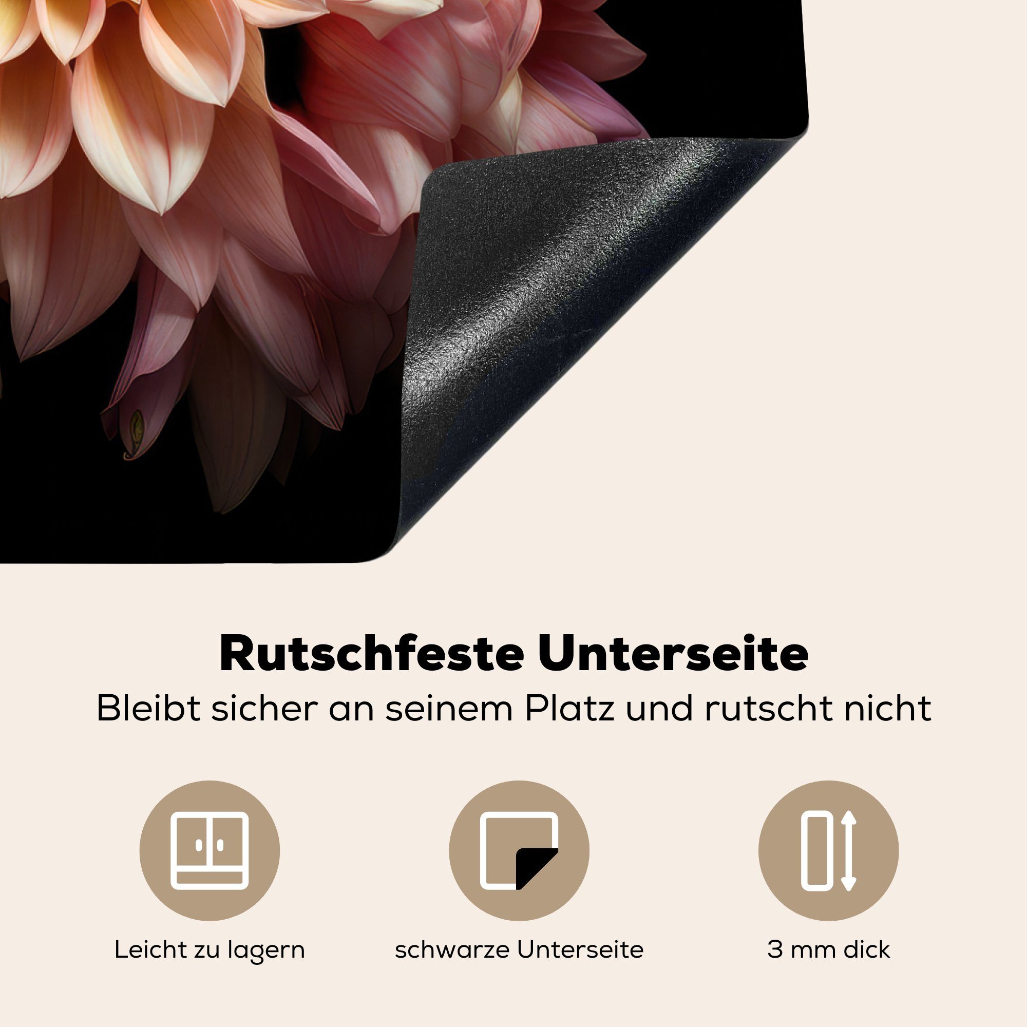 MuchoWow Herdblende-/Abdeckplatte - cm, Arbeitsfläche (1 Rosa Vinyl, - 60x52 nutzbar, - tlg), Blumen Schwarz Mobile - Ceranfeldabdeckung Dahlie Botanisch