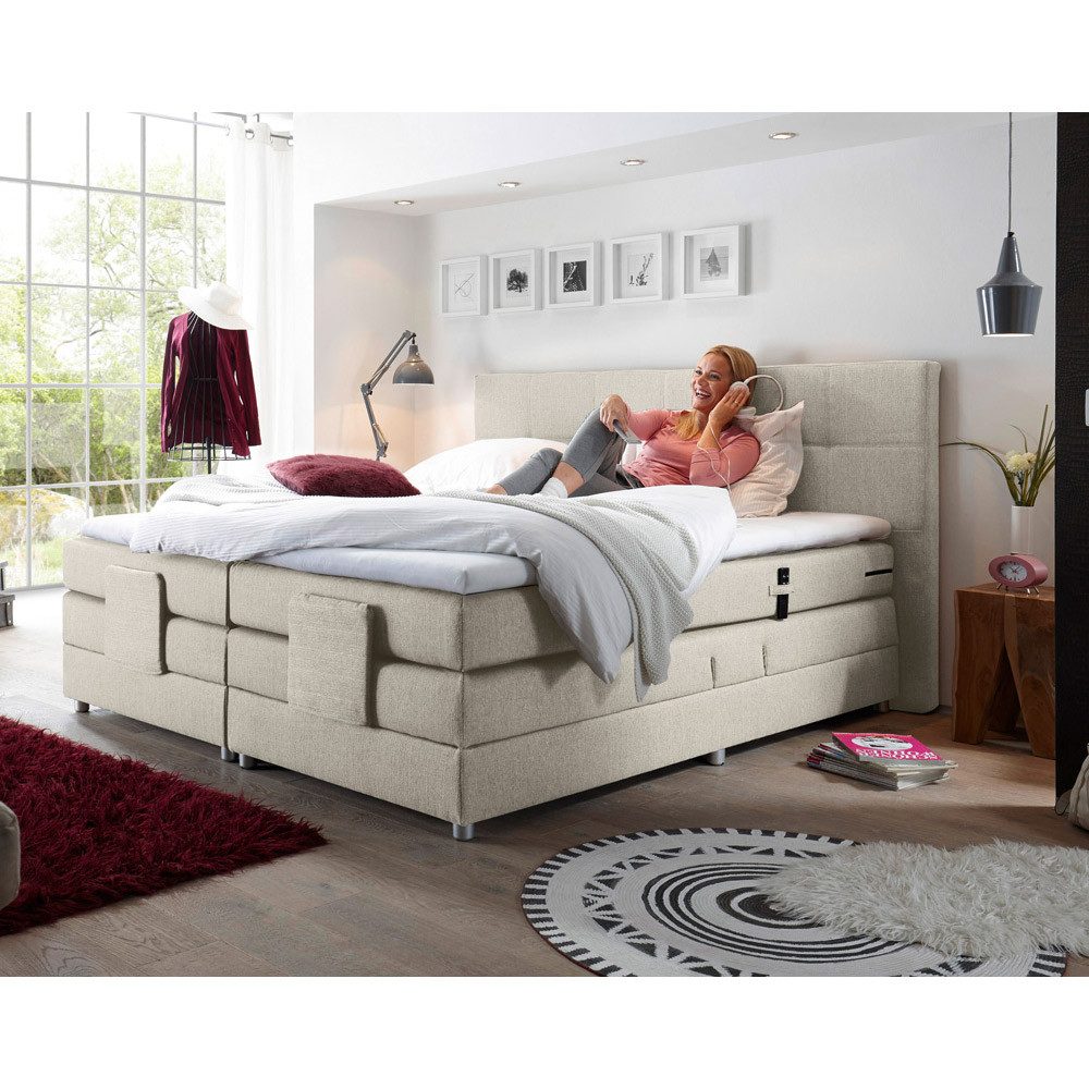 Lomadox Boxspringbett MANAUS-09, 180x200cm, H2-H3, elektr. verstellbar, Ivory Creme, Komfort Topper