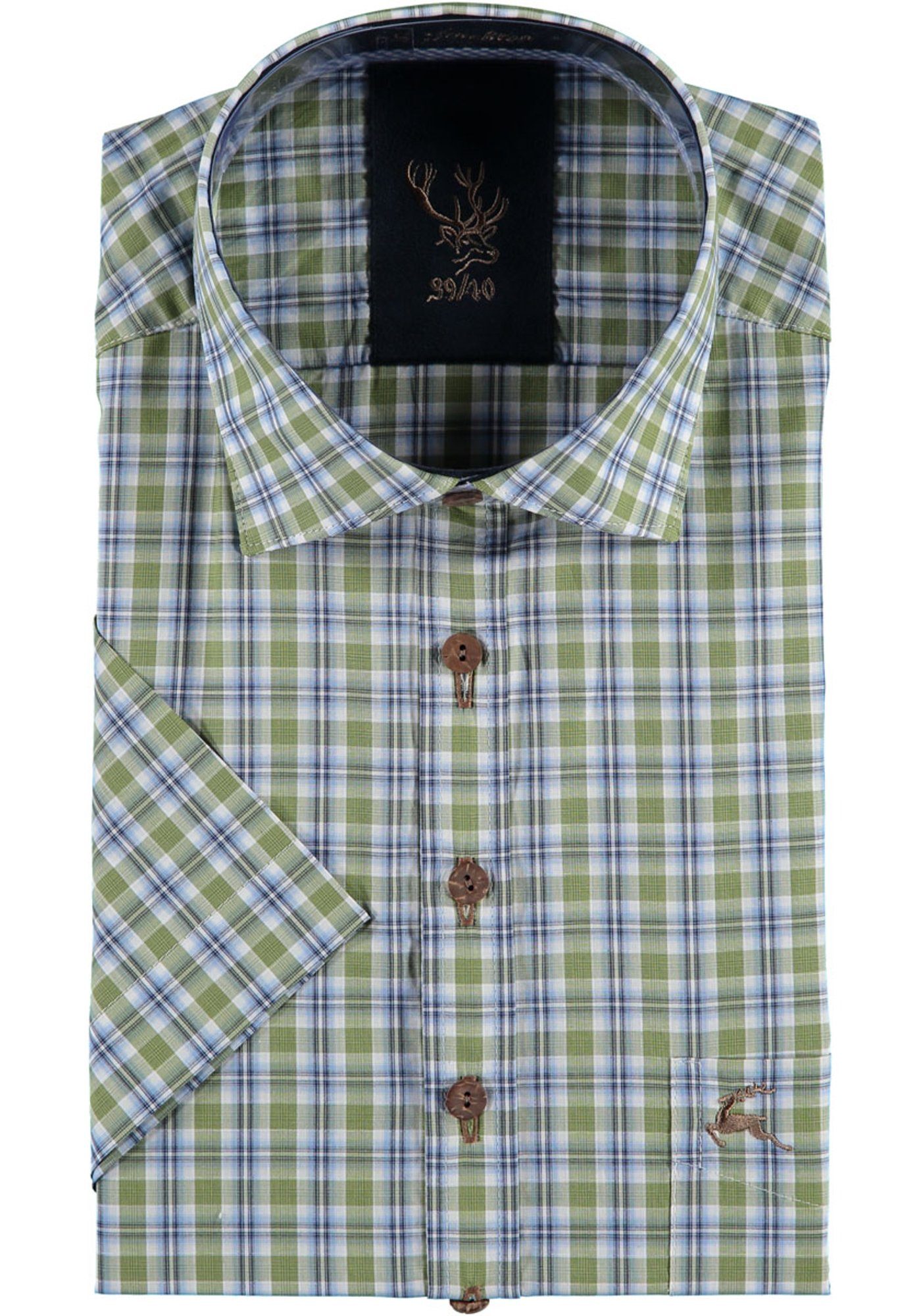 OS-Trachten Trachtenhemd Azecu Kurzarmhemd mit Hirsch-Stickerei auf der Brusttasche khaki/schlamm | Trachtenhemden