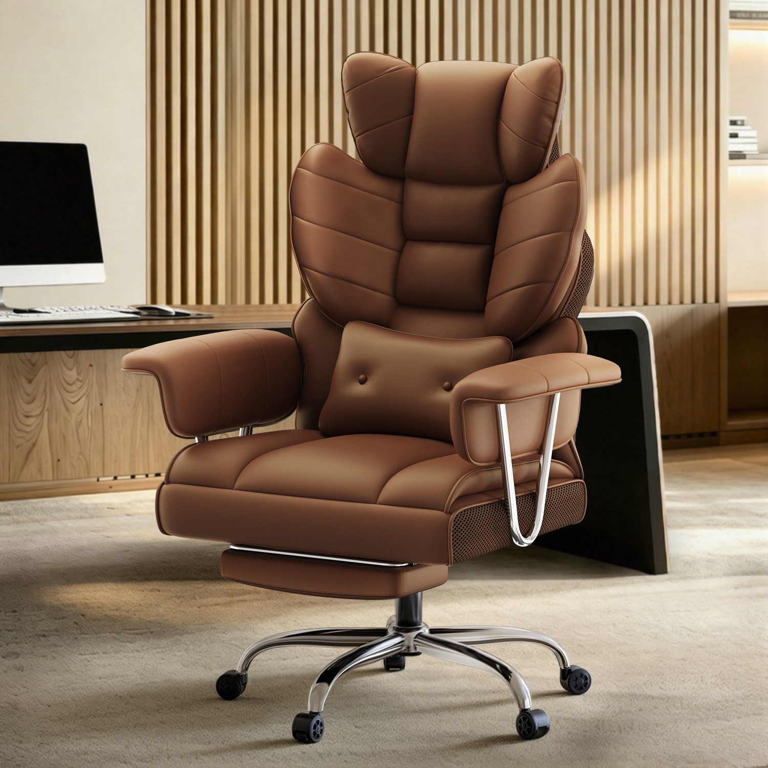 ZAISZE Bürostuhl Ergonomischer Leder Chefsessel mit Fußstütze – Komfort & Stil (Spar-Set), Hochlehner,Kopfstütze & Lordosenstütze,Höhenverstellbar & Drehbar